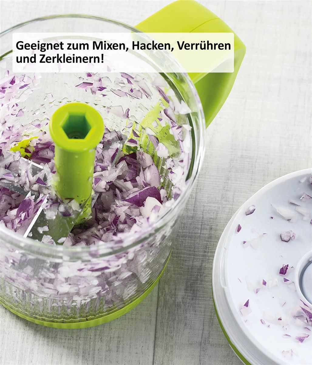 Genius Twist N Joy Gemüseschneider 3 tlg. Zwiebelschneider manuell, Obst Gemüse Zerkleinerer Multizerkleinerer mit 5 Messereinsatz 625 ml Behälter