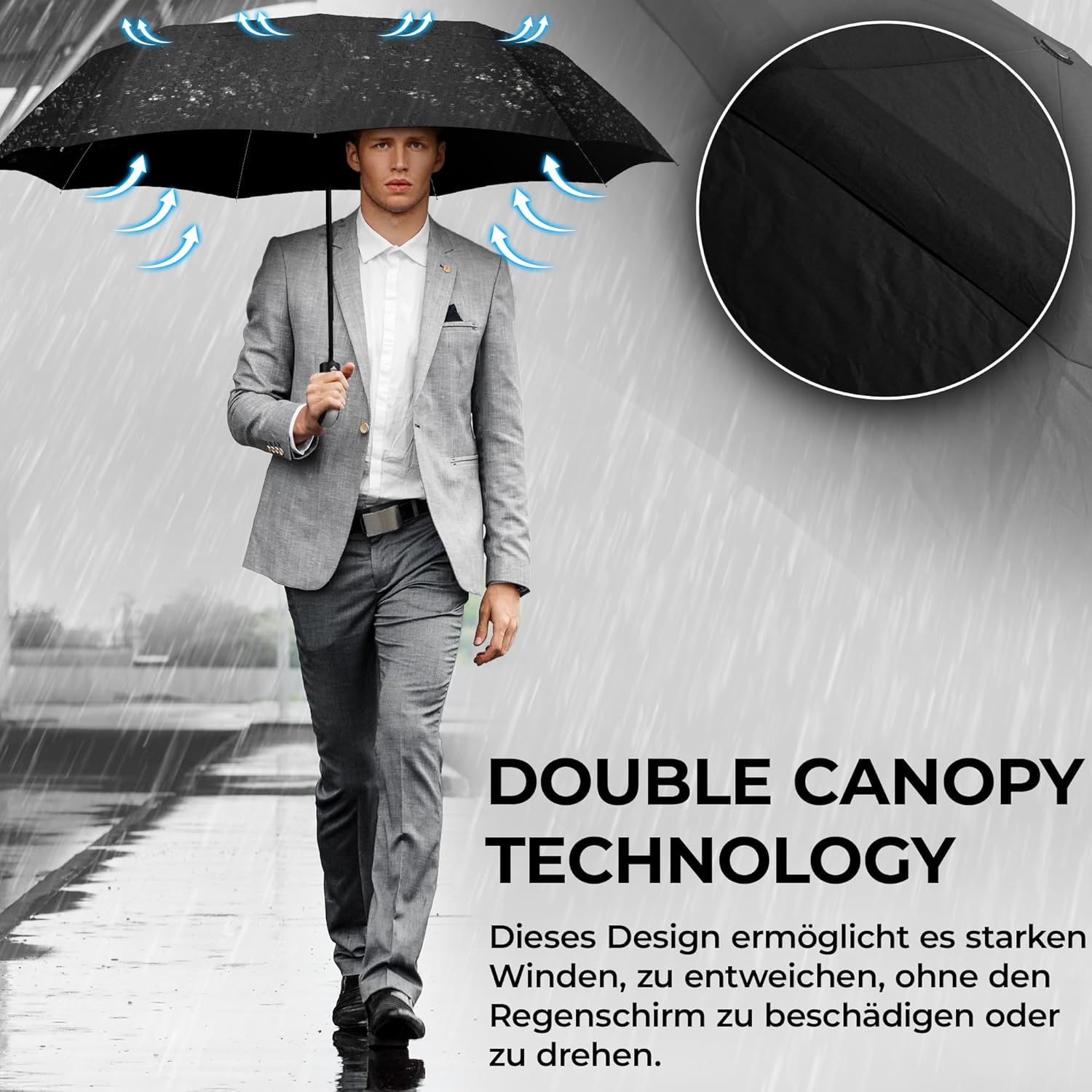 Wilford & Sons Regenschirm Taschenschirm Sturmfest + Auf-Zu Automatik Reiseschirm Taschenregenschirm Golfschirm Umbrella schwarz
