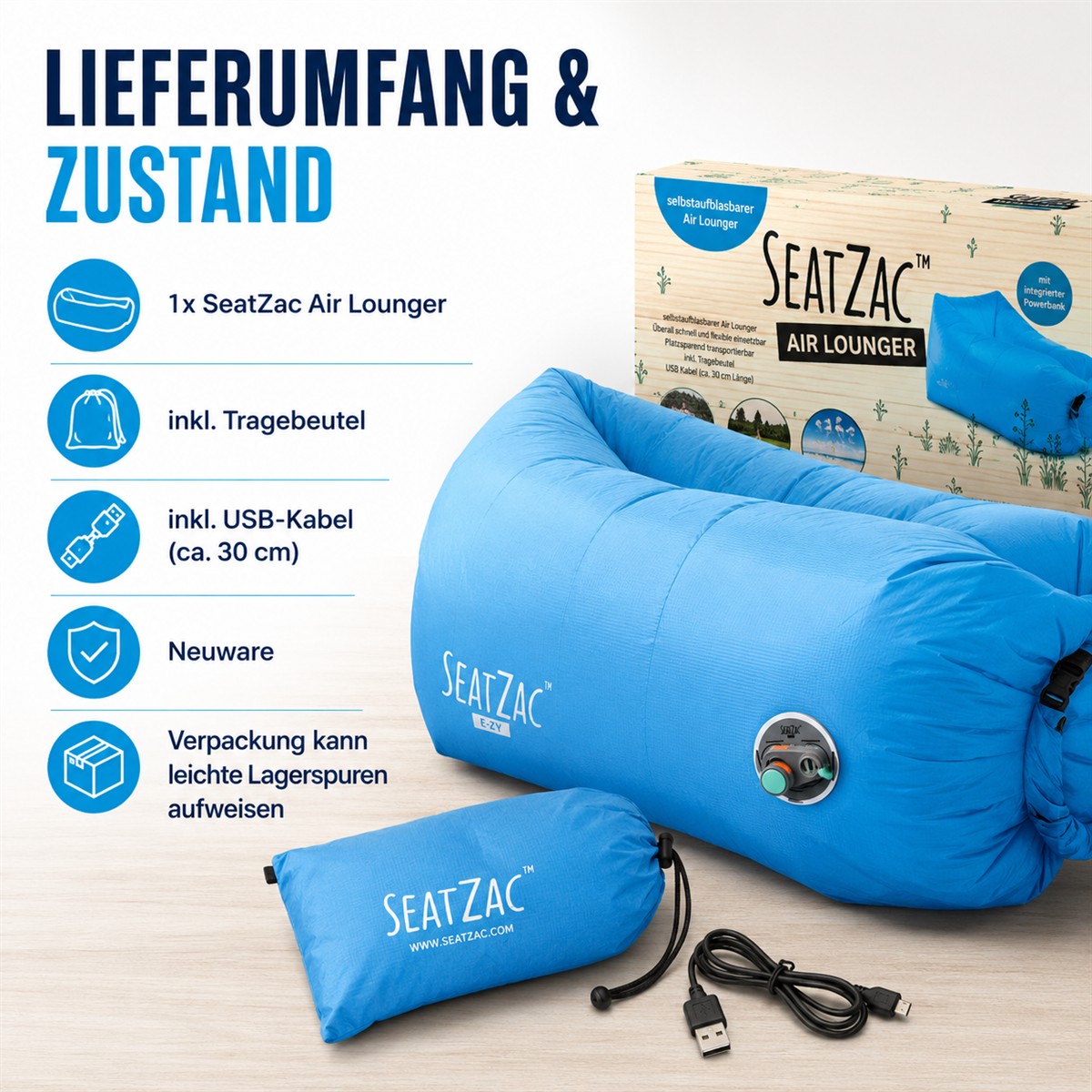 Luftsofa, Aufblasbares Sofa, USB-Kabel, Tragetasche, Lieferumfang