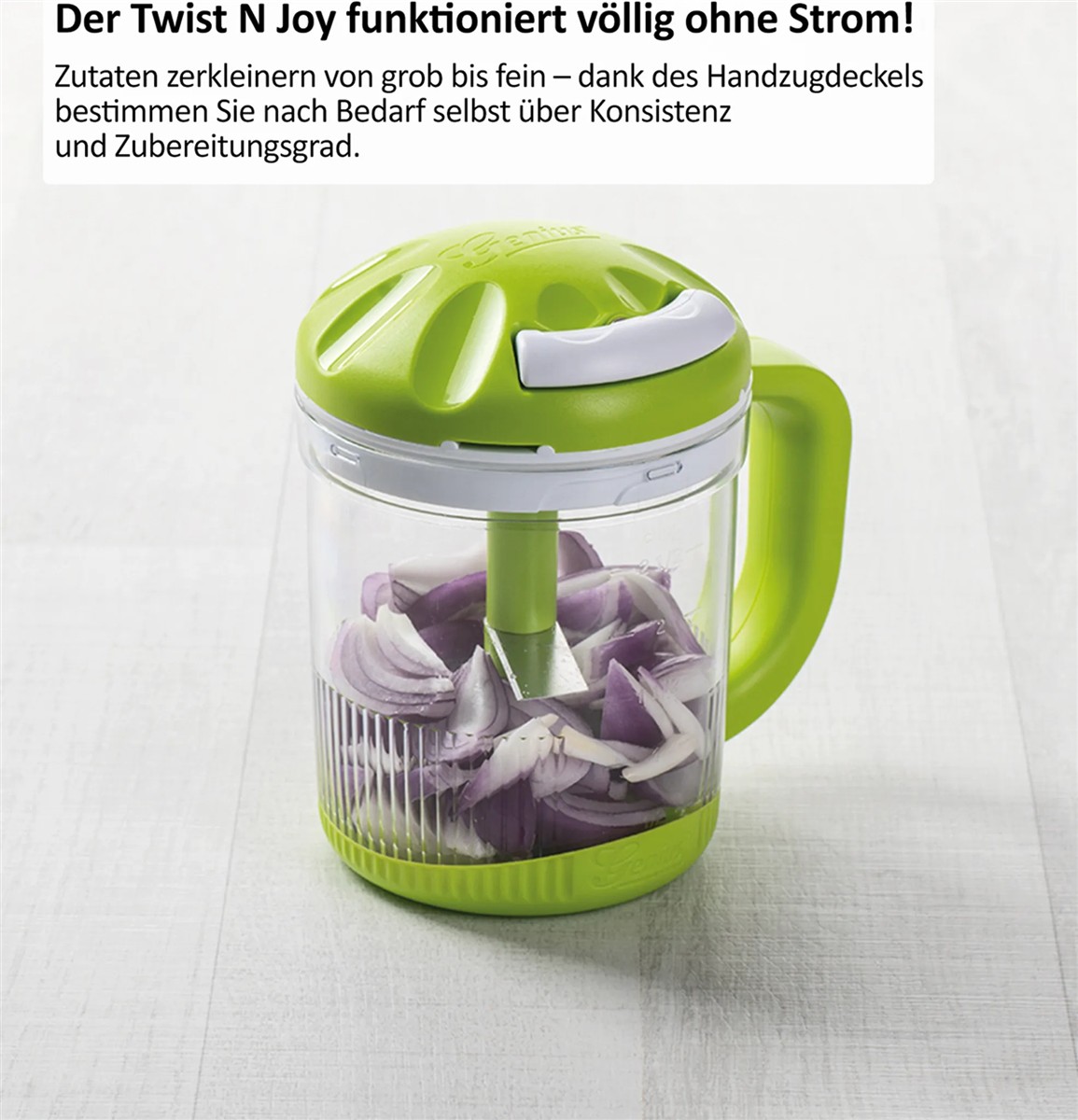 Genius Twist N Joy Gemüseschneider 3 tlg. Zwiebelschneider manuell, Obst Gemüse Zerkleinerer Multizerkleinerer mit 5 Messereinsatz 625 ml Behälter
