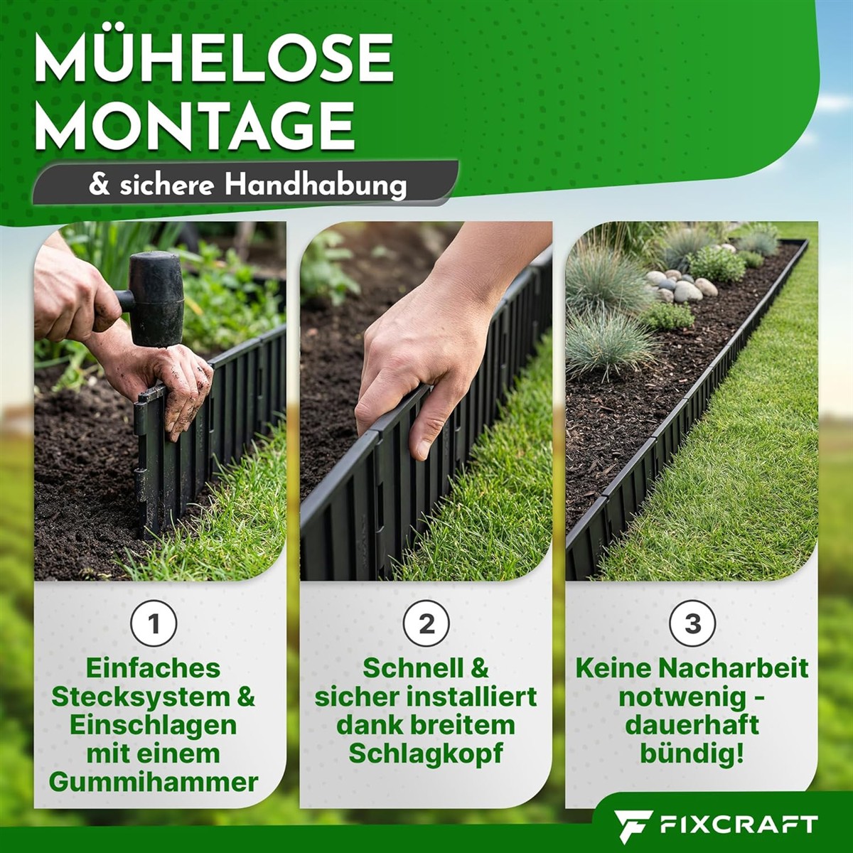 Gartenborder, Gummihammer, Einfache Stecksystem, Schlagkopf, Dauerhaft bündig?