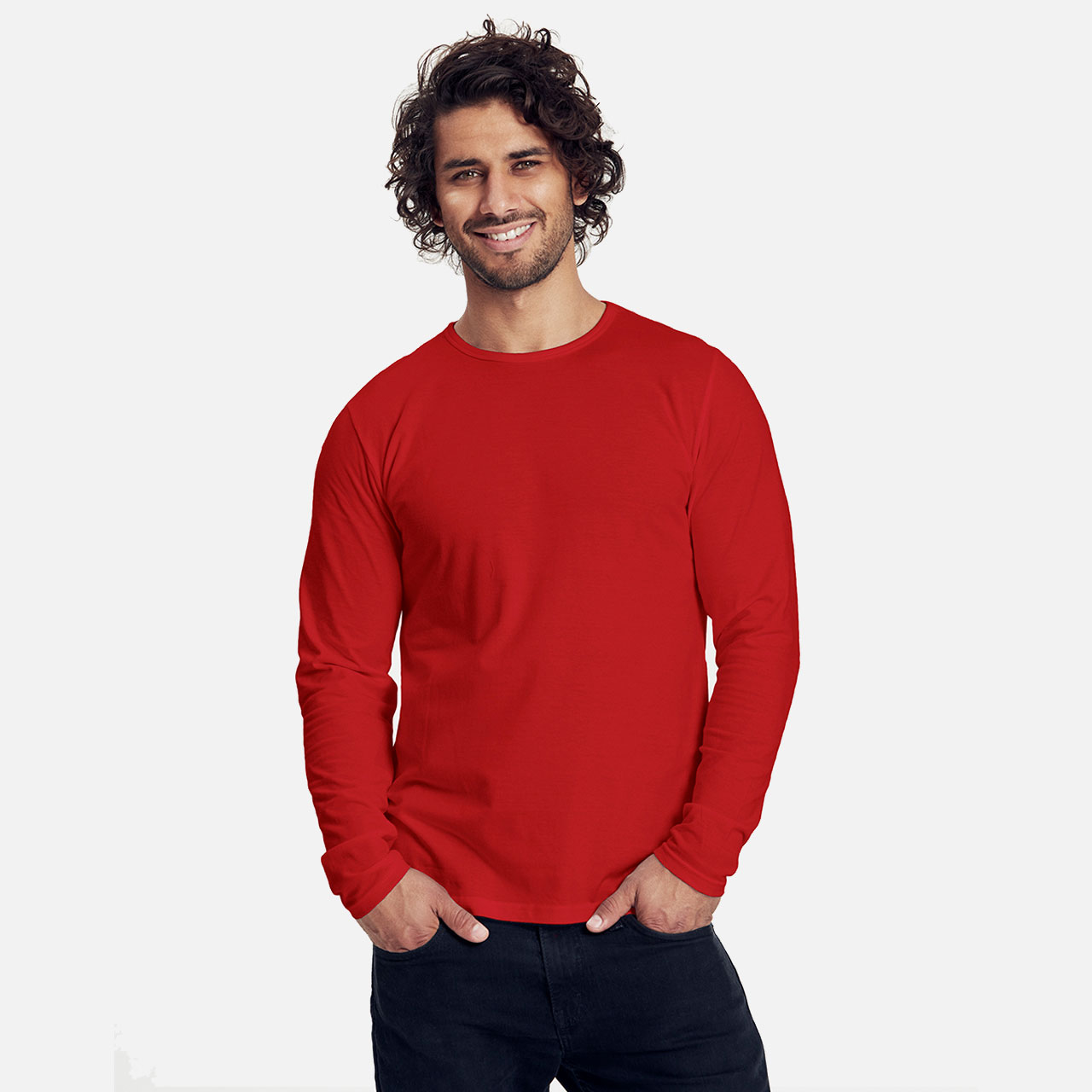 Herren-Langarmshirt, Rot, Rundhalsausschnitt, Unifarben