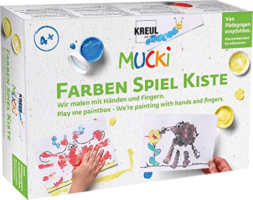 KREUL 29101 - Mucki Fingermalfarbe, Farben Spiel Kiste, Wir malen mit Händen und Fingern, Lern- und Spielset, 5 x 50 ml Fingerfarbe, 2 kleine Dosen, Wackelaugen, Holzstäbchen sowie 10 Malvorlagen