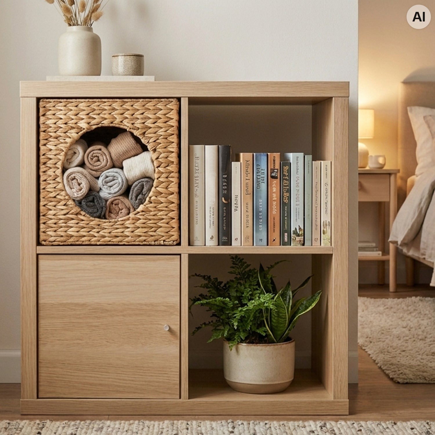 Bücherregal, Holzoptik, Naturholzfarbe, Rattankorb, Schranktür