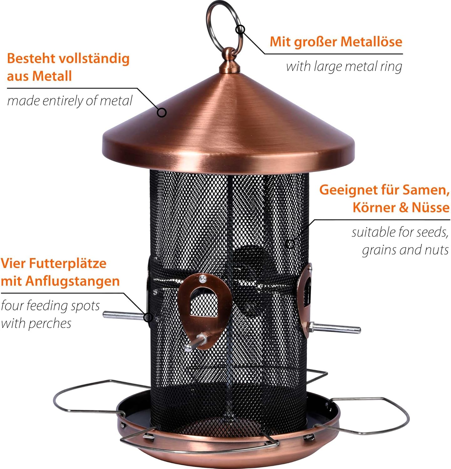 dobar Große Futtersäule - Vogelfutterspender in Kupferoptik - Futterstation aus Metall zum Hängen - Vogelfuttersäule für Sämereien -Futterspender für Wildvögel - 20 x 20 x 32 cm - Kupfer