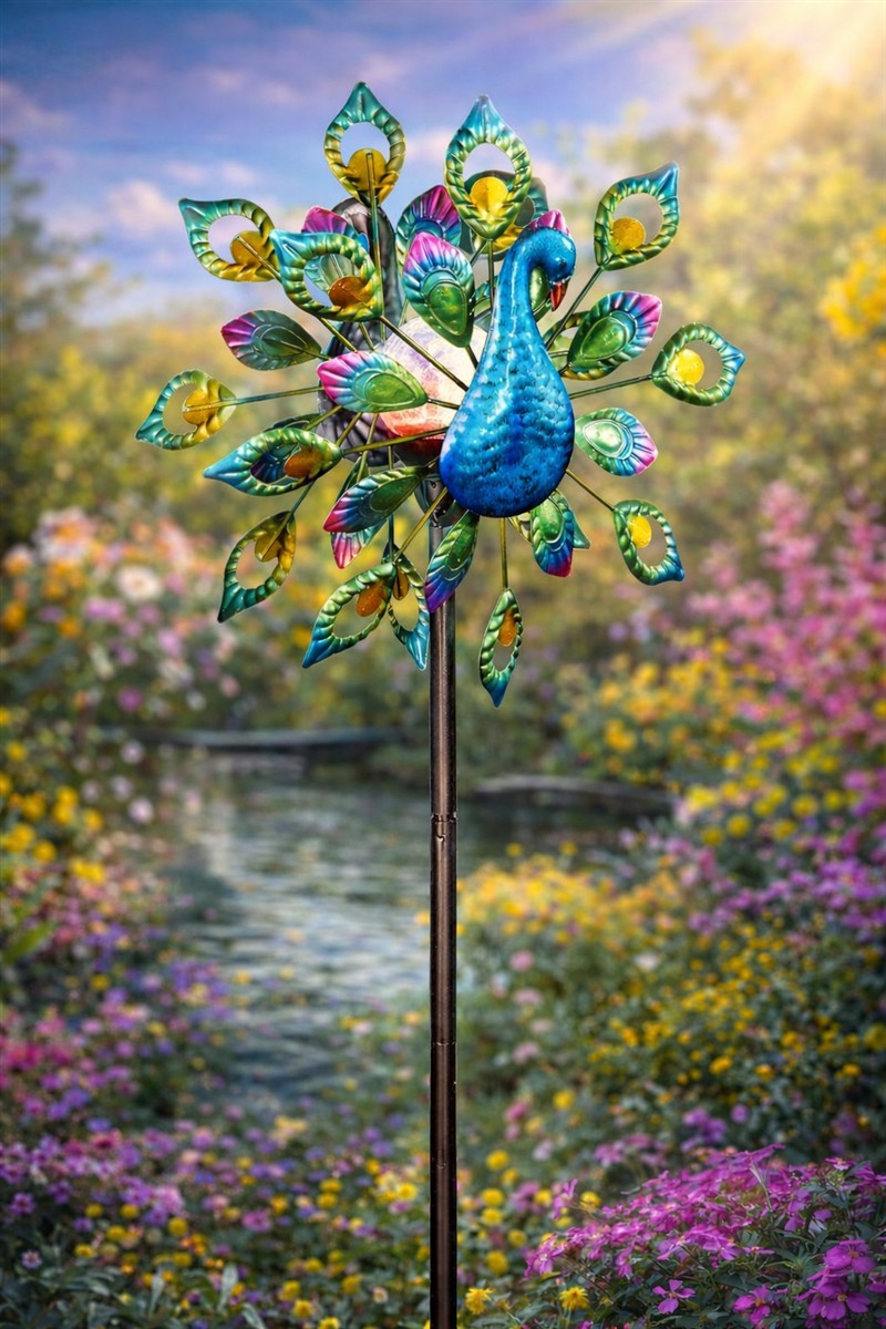 Pfau Gartenstab, Metallstiel, bunte Skulptur, Gartenornament, Pfauen-Deko