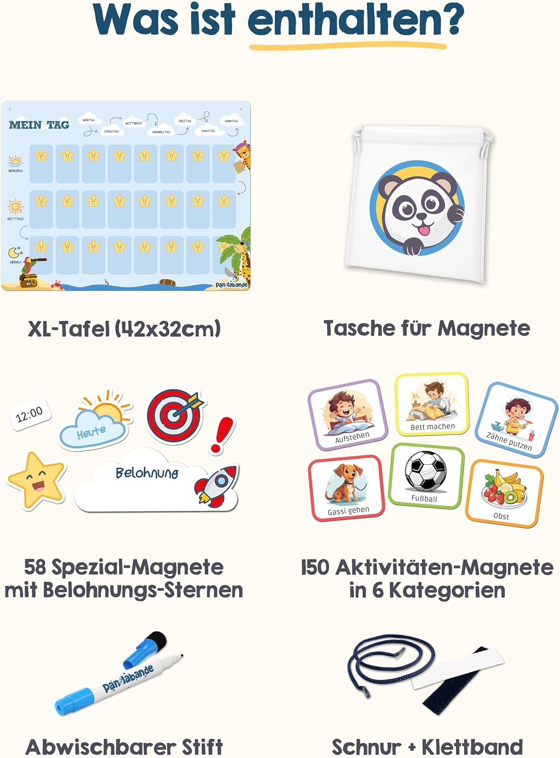 Magnetischer Routineplaner, Aktivitäten-Magnete, Belohnungssterne, Abwischbarer Stift, XL-Planungstafel