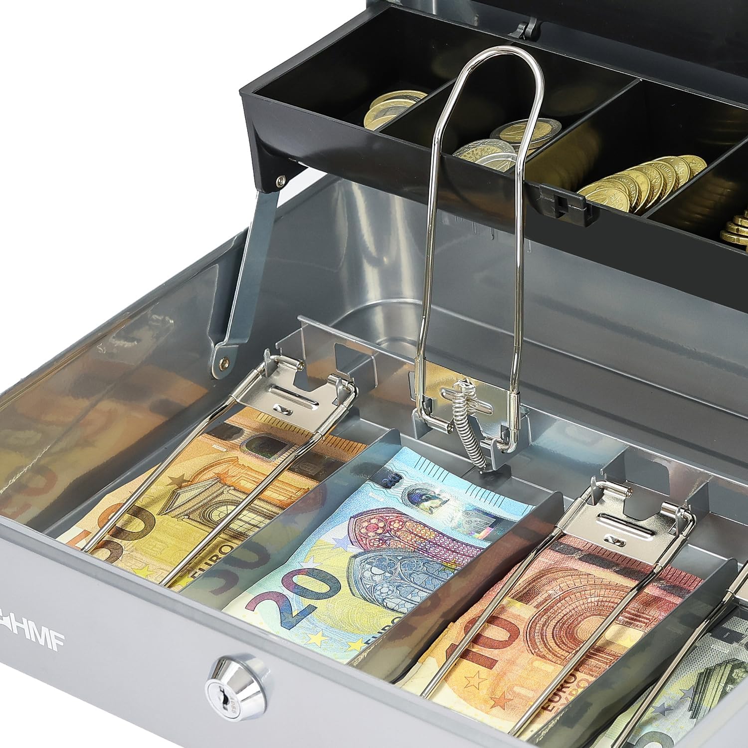 HMF Geldkassette abschließbar mit Münzeinsatz und 4 Scheinfächer mit Klammer 30 x 24 x 9 cm Silber