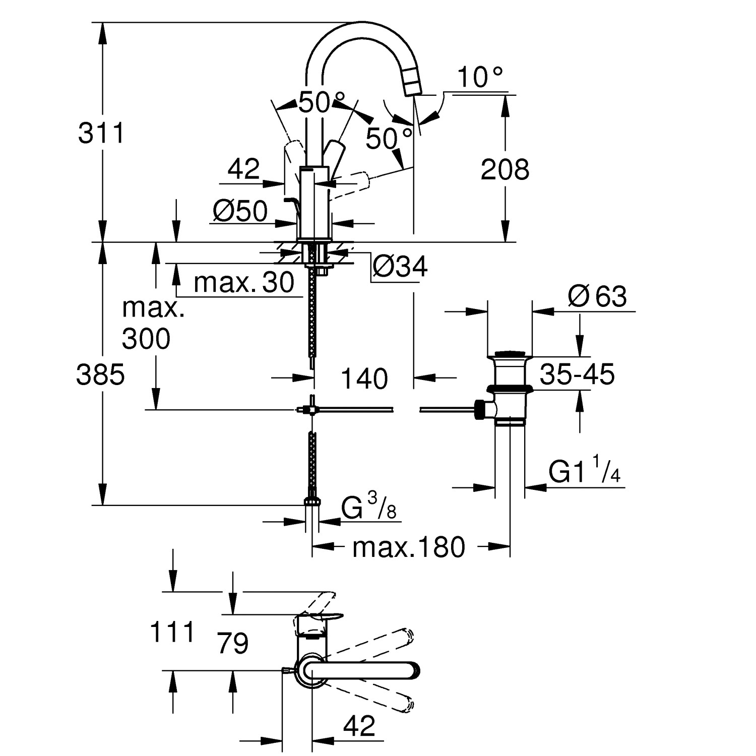 Grohe QuickFix Waschtischarmatur Start L Size Zugstangen Ablaufgarnitur 1 1/4"