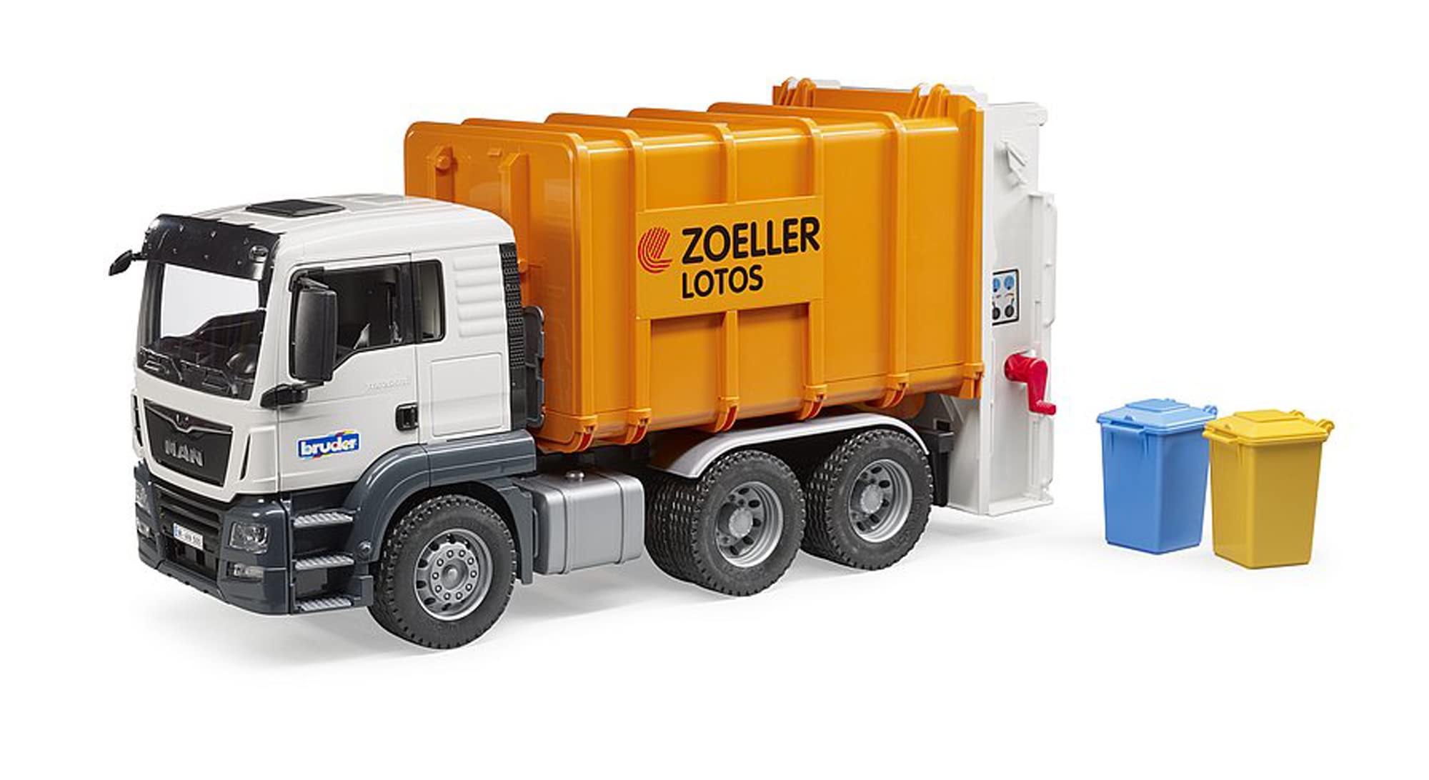 bruder 03762 - Man TGS Hecklader Müll-LKW & 2 Mülltonnen - 1:16 Abfalltonnen Müllabfuhr Müllauto Müllwagen Müllmann Abfallentsorgungs-Fahrzeug Lastwagen Laster Spielzeug