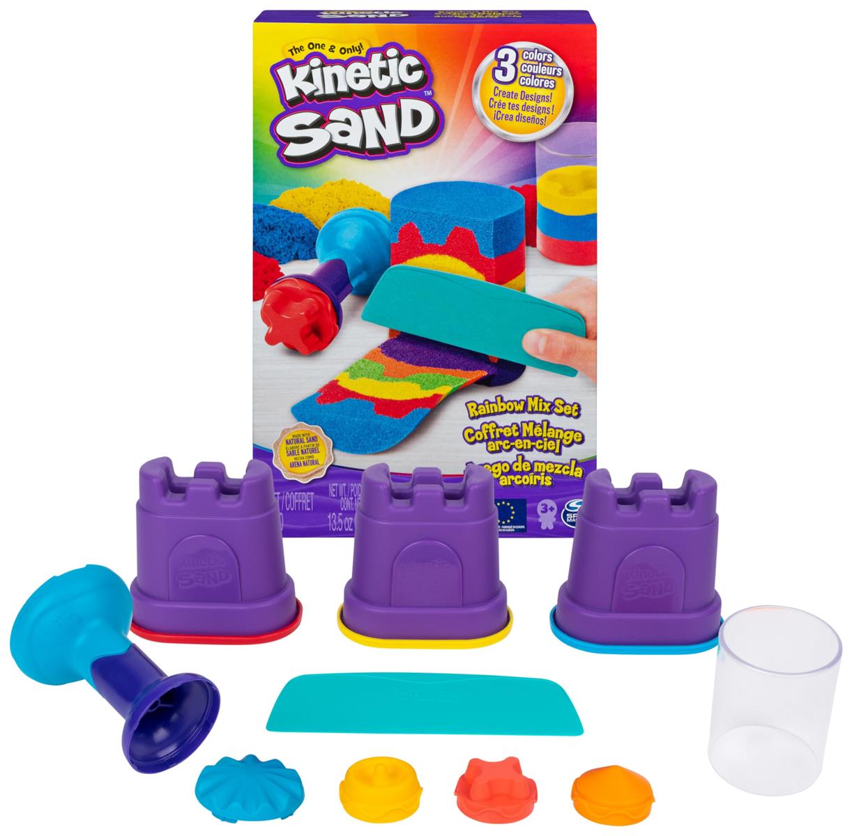Kinetic Sand Regenbogen Mix Set - mit 383 g original magischem kinetischem Sand aus Schweden in 3 Farben und Förmchen, für kreatives, sauberes Indoor-Sandspiel, für Kinder ab 3 Jahren
