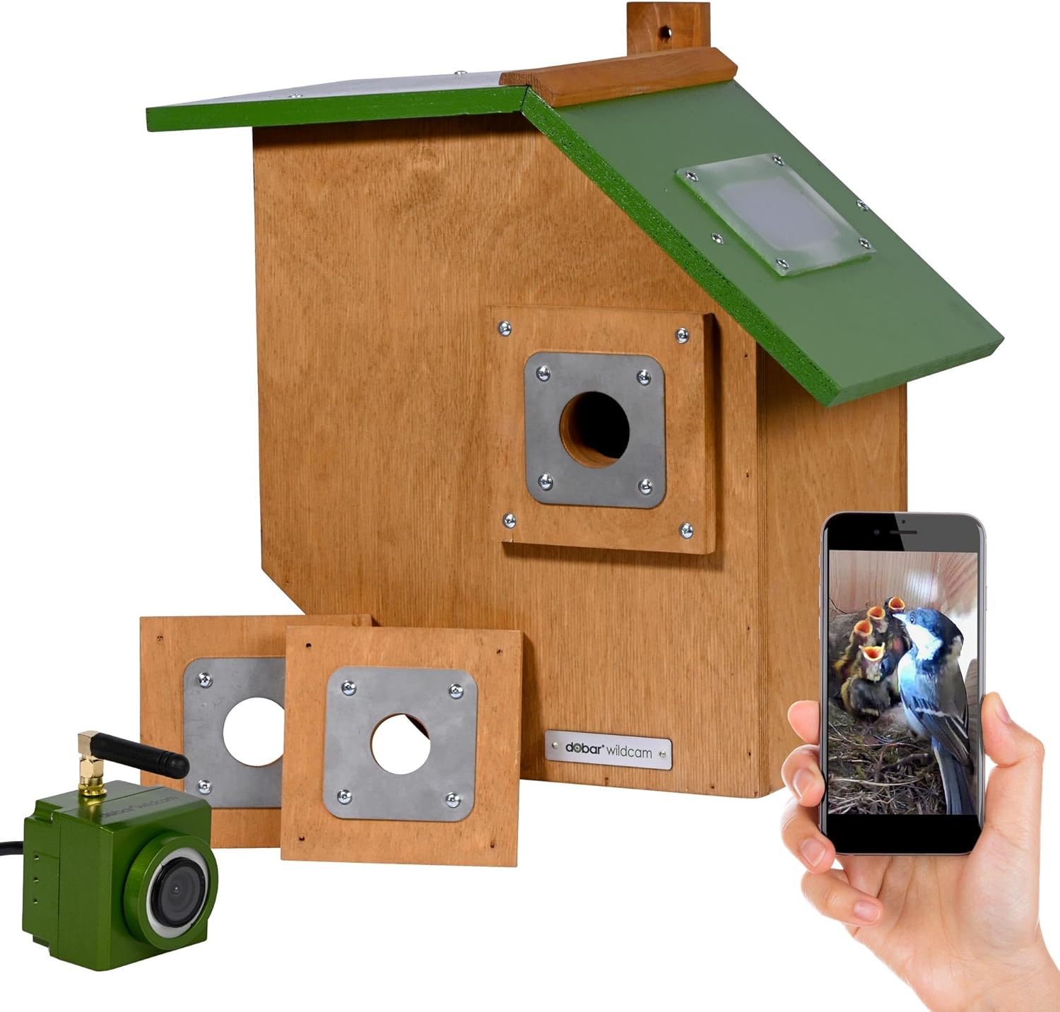 dobar Großer Nistkasten Flachdach aus Holz inklusive HD WiFi-Kamera und App mit austauschbaren Einfluglöchern - 35,5 x 22,5 x 38,5 cm  Grün-Braun