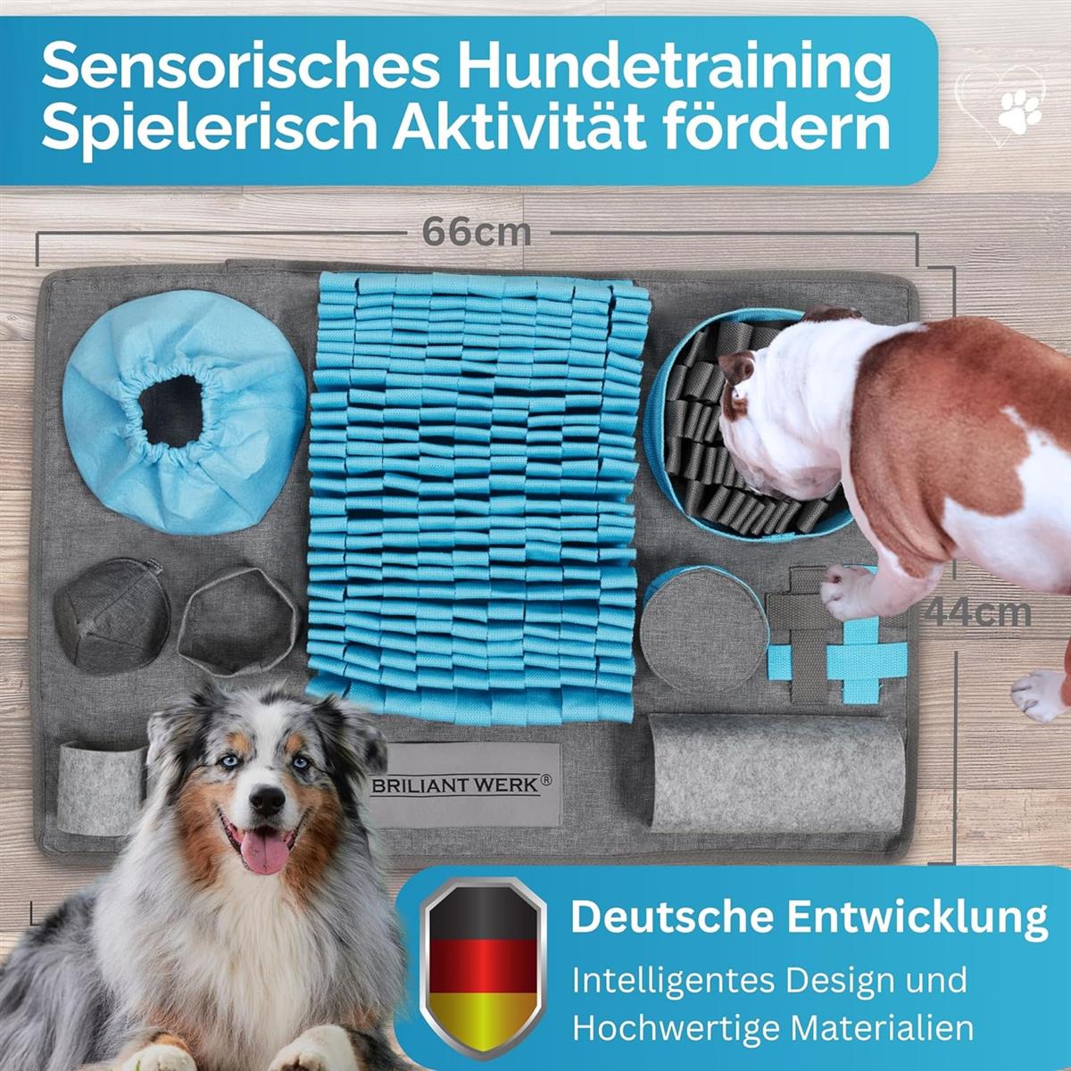 Briliantwerk Schnüffelteppich Hund – Extrem widerstandsfähiges Material - 10 Trainingselemente und 3 Schwierigkeitsstufen Intelligenzspielzeug blau