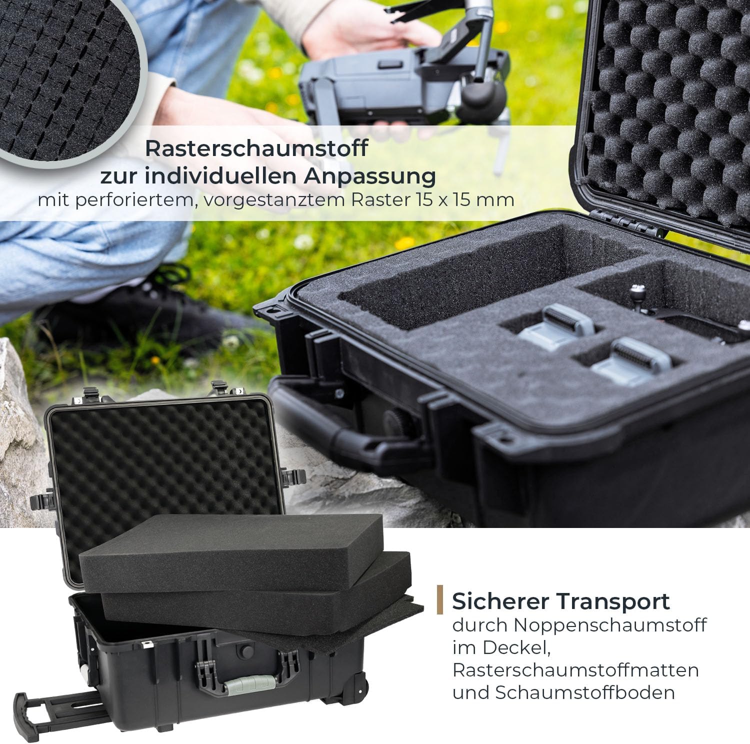HMF Outdoor-Trolley ODK400 Fotokoffer mit Rasterschaumstoff 58,5 x 45 x 27,5 cm Schwarz