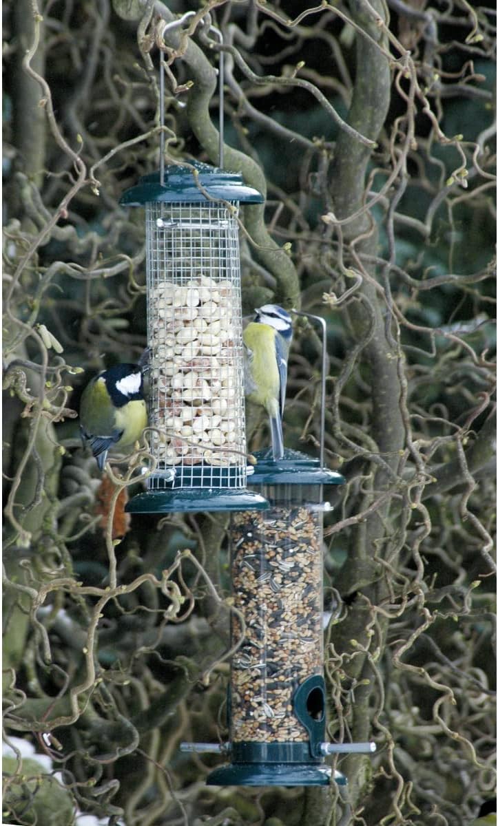 dobar Kompakte Vogelfuttersäule mit Anflugstangen  Wildvogelfutterspender für Nüsse - Vogelfutterstation Metall - Futterspender für Vögel in Garten/Terrasse/Balkon  Ø 9,5 x 23 cm - Grün
