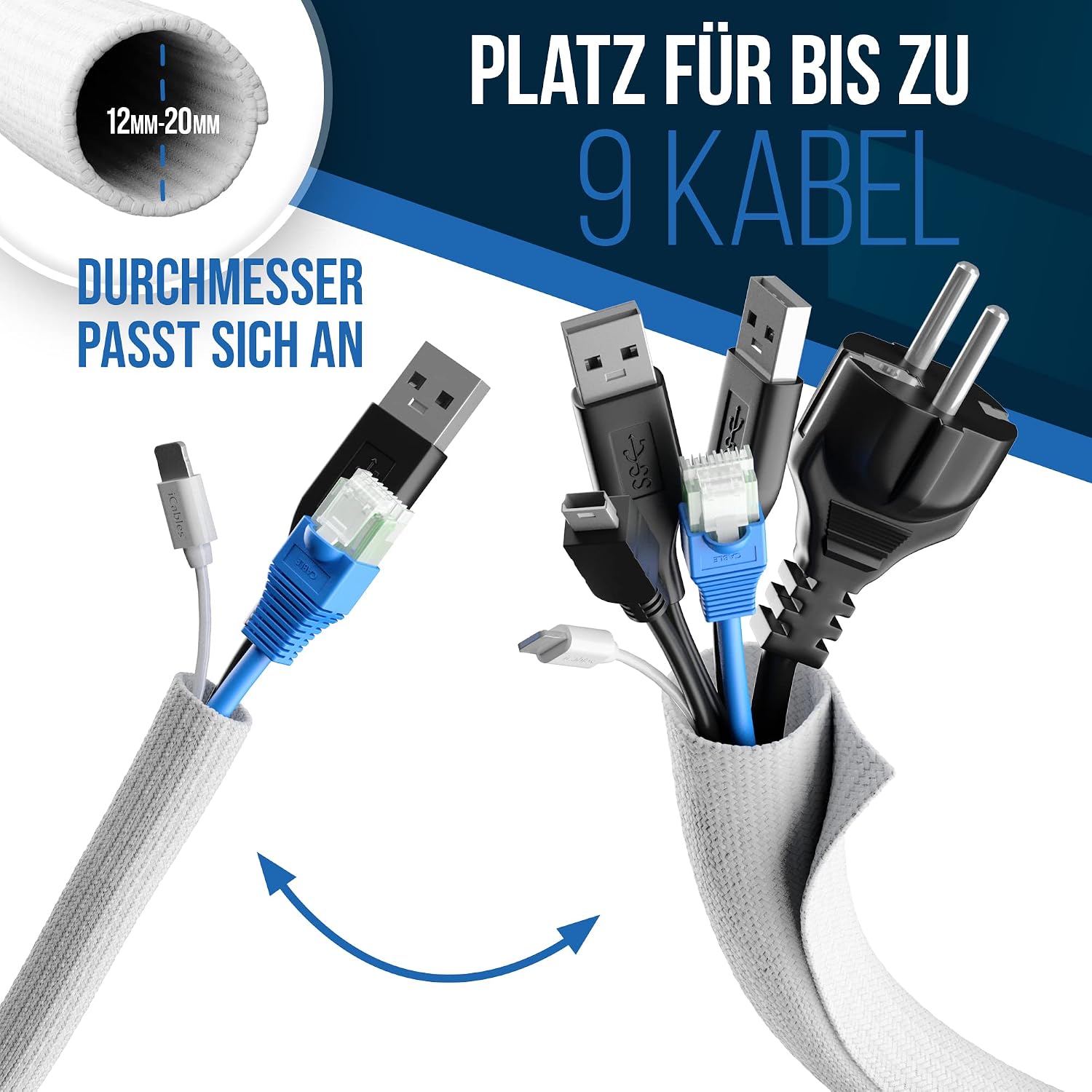 Kabelschlauch, Kabelmanagement, Textilgeflecht, Weiß, 9 Kabel