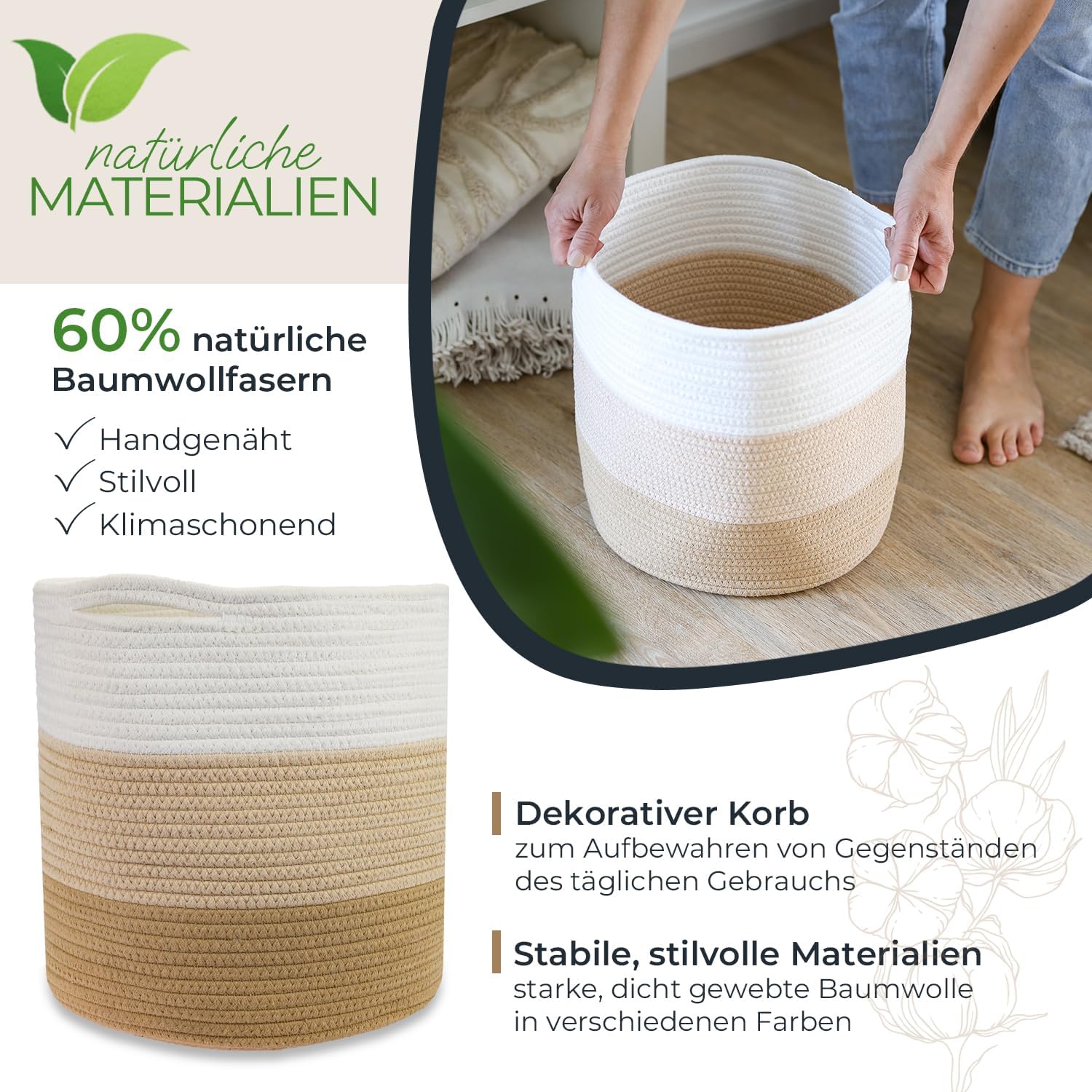 HMF Aufbewahrungskorb mit versteckten Griffen runder Korb passend für Kallax 31 x 31 cm Weiß-Braun