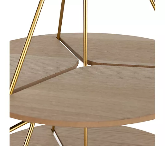 Beistelltisch, Runde Ablagen, Holzoptik, Goldenes Metallgestell, Mehrstöckig