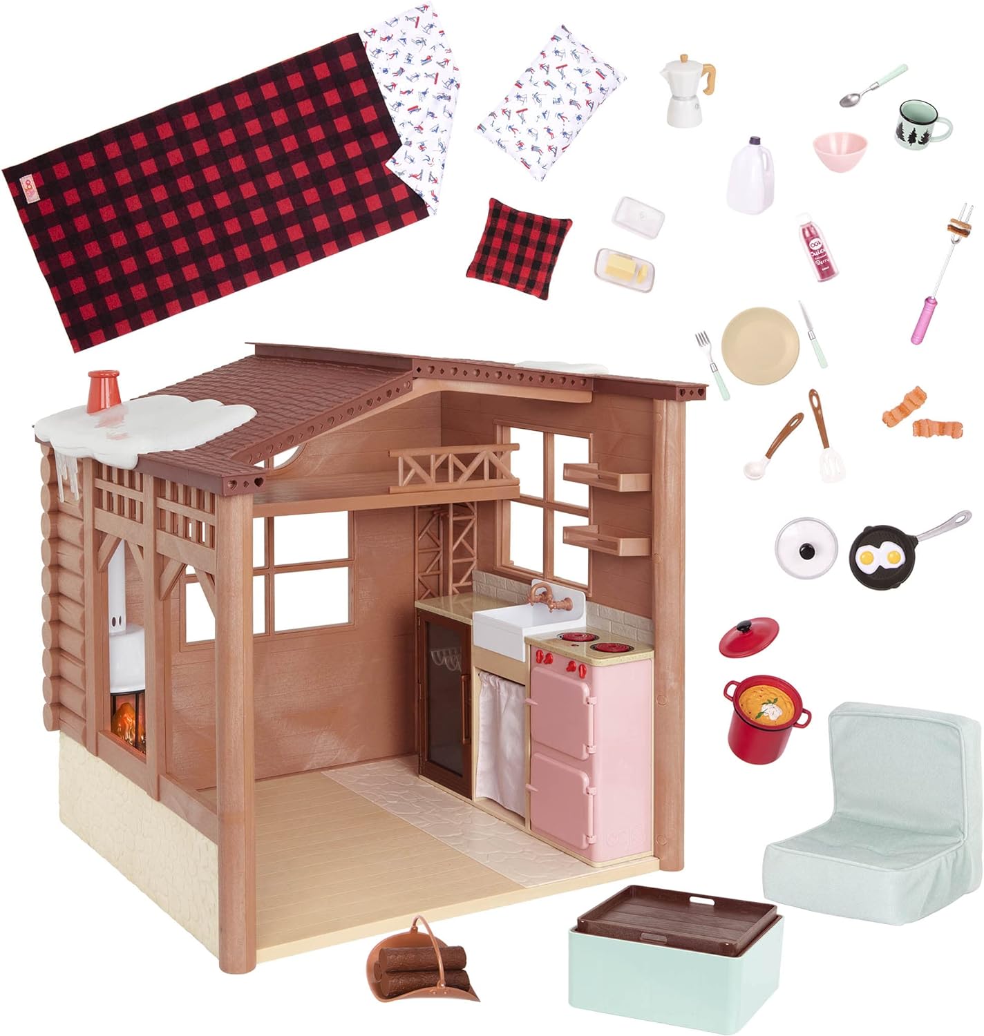 Our Generation BD37961Z Puppenhaus mit Puppenzubehör Holz Waldhütte mit Kamin Küche Bett Puppen Zubehör Weihnachten Spielzeug Möbel Set