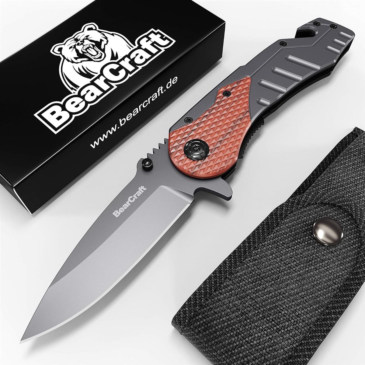 BearCraft Klappmesser Scharfes Outdoor Survival Taschenmesser Einhand-Messer mit Titanklinge Wandern Camping silber