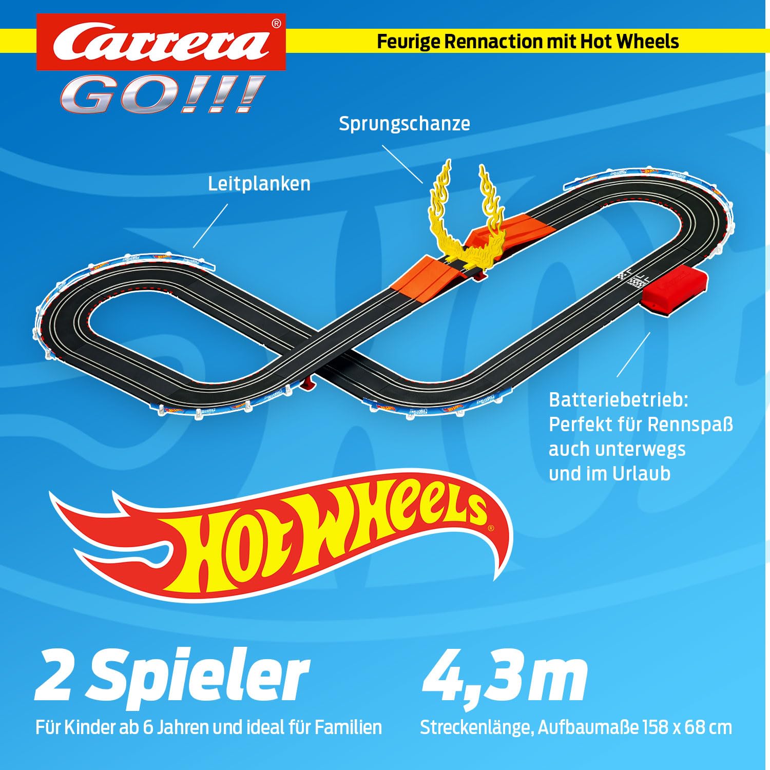 Mattel 20063517 Carrera Go Hot Wheels Rennbahn Set Duell Night Shifter HW50 Concept Sprungschanze mit Feuerring 1:43 Autorennbahn