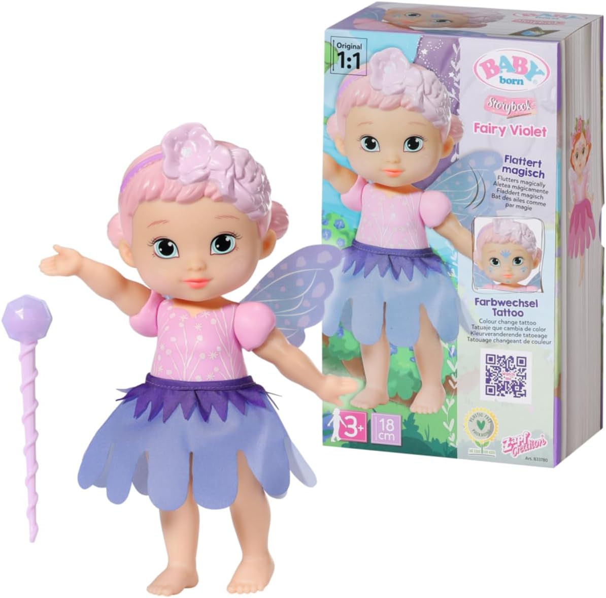 Zapf Creation 833780 BABY born Storybook Fairy Violet Feen-Puppe mit Flügeln Farbwechsel Tattoo Feenlicht Zauberstab Spielpuppe