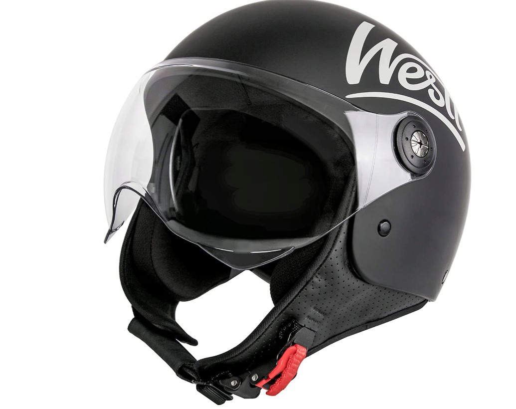 Motorradhelm, Open-Face Helm, Glanzschwarz, klarer Visier, gepolstertes Inneres
