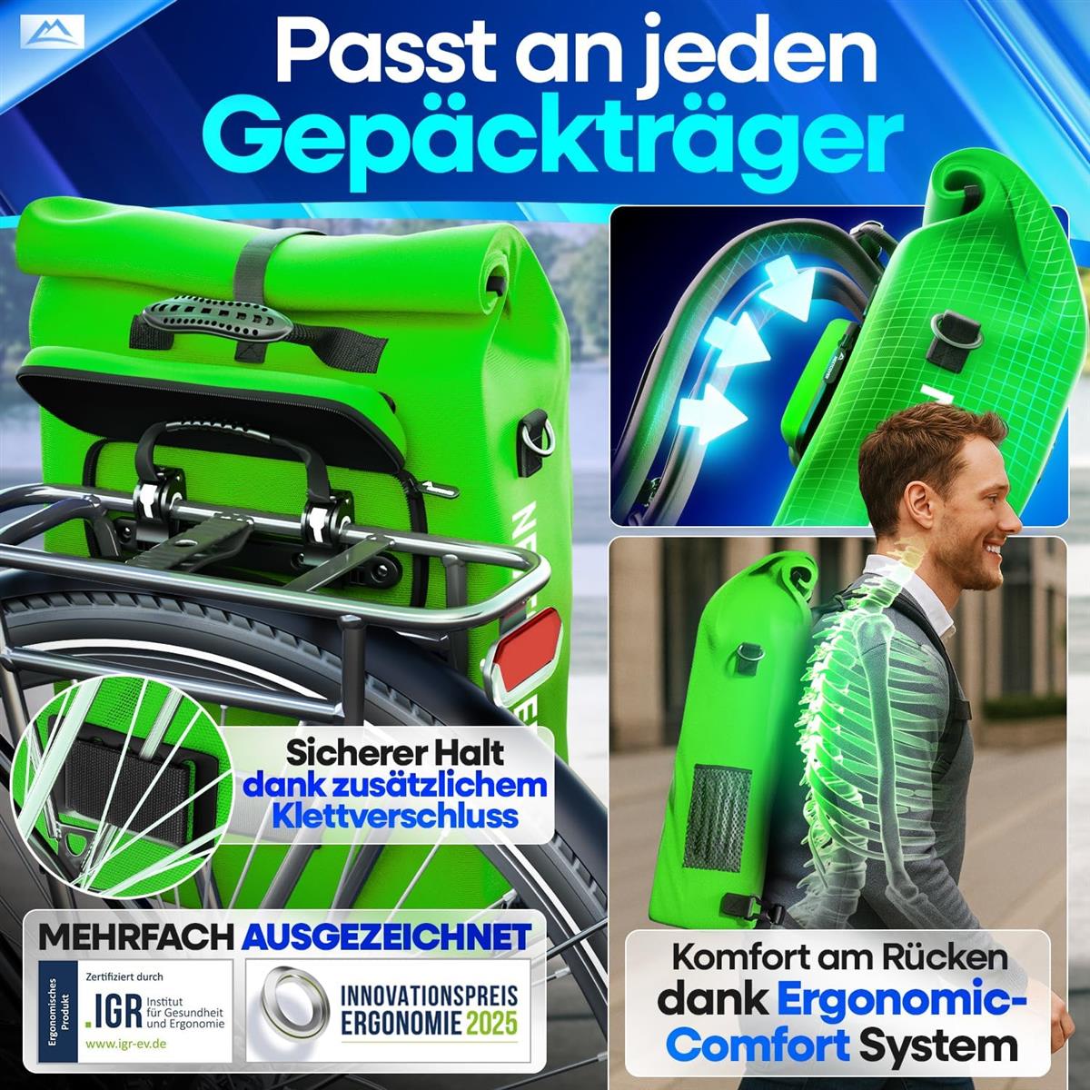 Nextcover NEU 3in1 Fahrradtasche für Gepäckträger PVC frei - Gepäckträgertasche Fahrradtasche Rucksack und Umhängetasche 25L Fahrrad Tasche wasserdicht Fahrradtaschen Gepäckträger