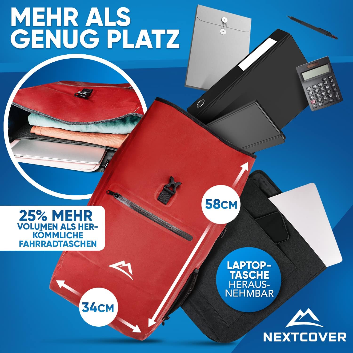 NEXTCOVER 3in1 Fahrradtasche für Gepäckträger rot Gepäckträgertasche Umhängetasche Rucksack