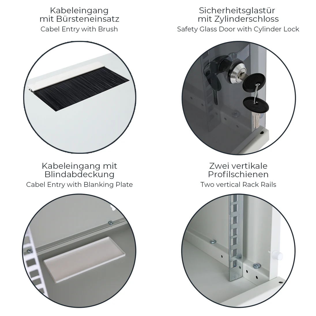 Kabeleingang, Bürsteneinsatz, Sicherheitsglas Tür, Zylinder Schloss, Rack Rails