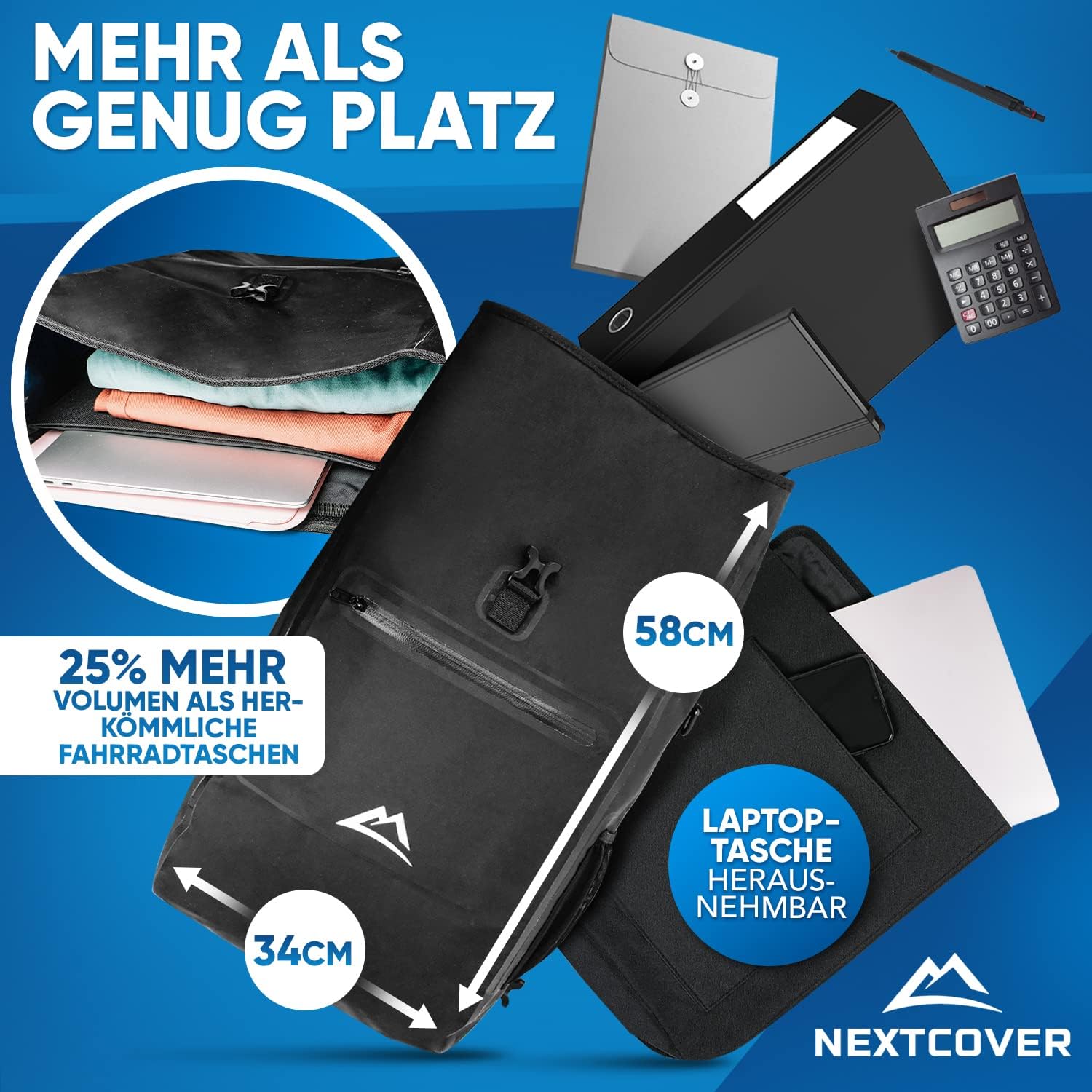NEXTCOVER 3in1 Fahrradtasche für Gepäckträger schwarz Gepäckträgertasche Umhängetasche Rucksack