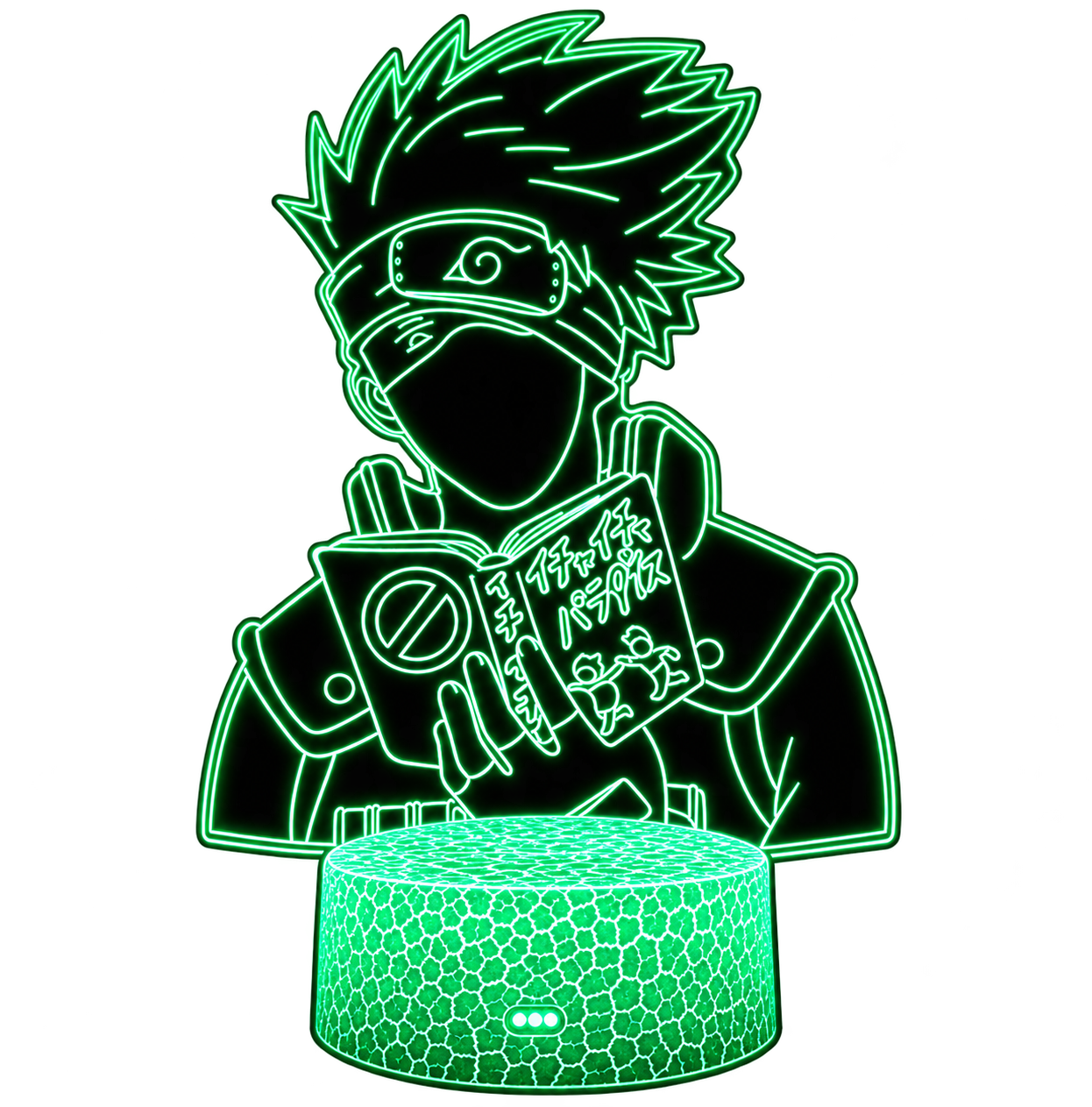neonbeleuchtet, anime-figur, kopfband, buch, runde lautsprecher