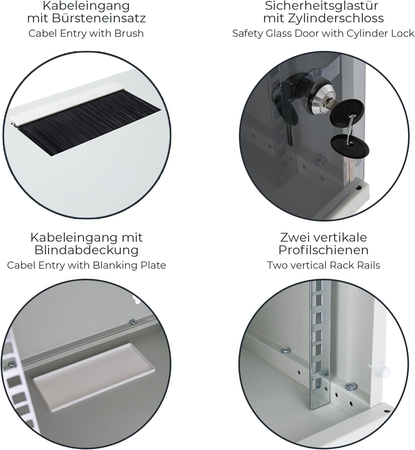 Kabel, Kabeleingang, Sicherheitstür, Profilschienen, Rack Rails