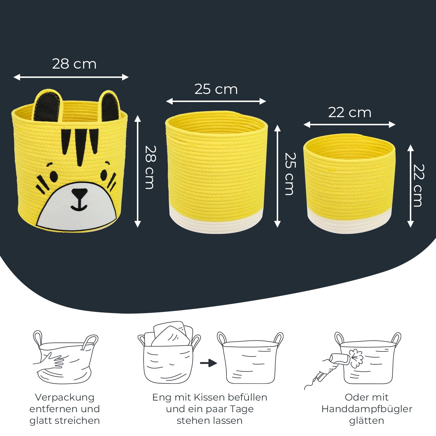kids storage, gelbe Aufbewahrung, Tiergesicht, runde Behälter, stapelbare Organizer