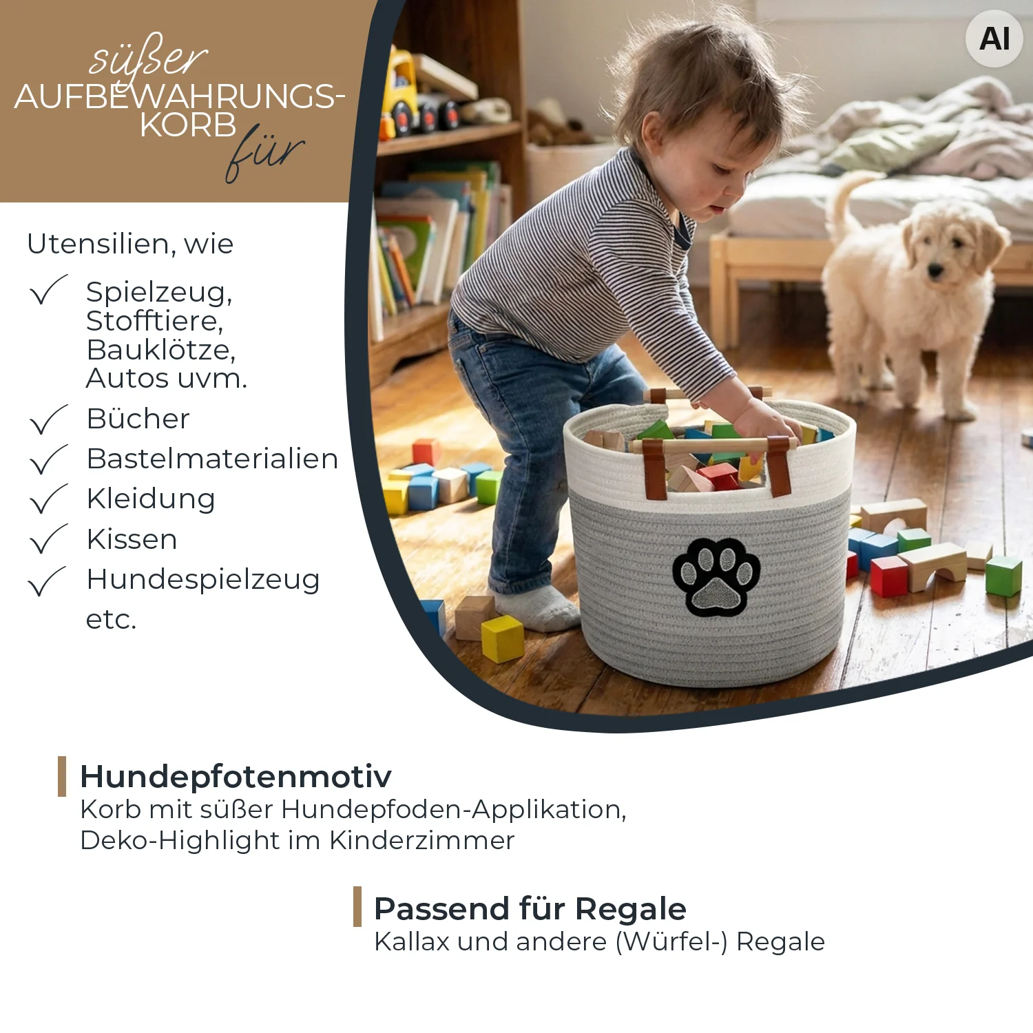 Aufbewahrungskorb, Baumwollseil, Grau-Weiß, Hundepfotenmotiv, Ledergriffe