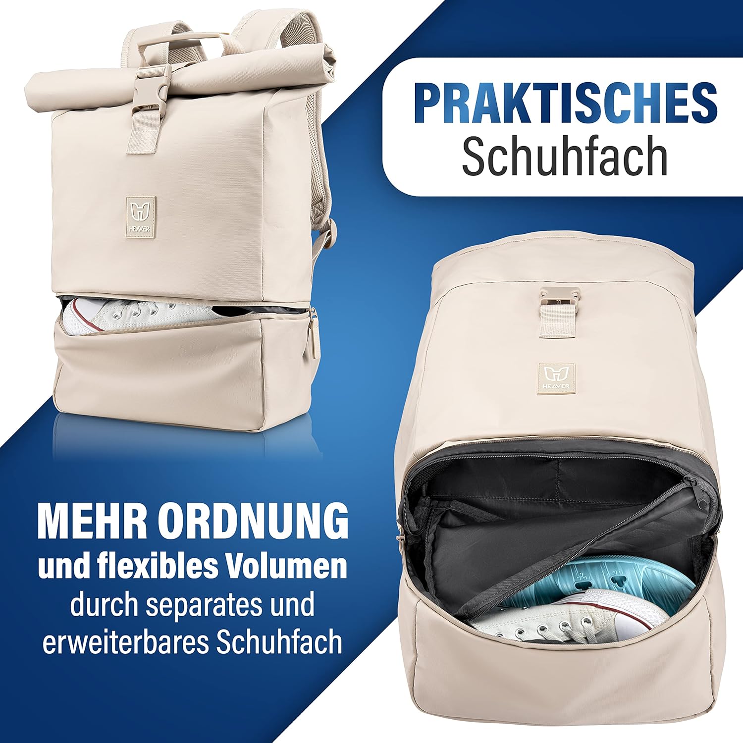 Heaver Rolltop Rucksack Damen & Herren mit Laptopfach Rollrucksack Daypack creme