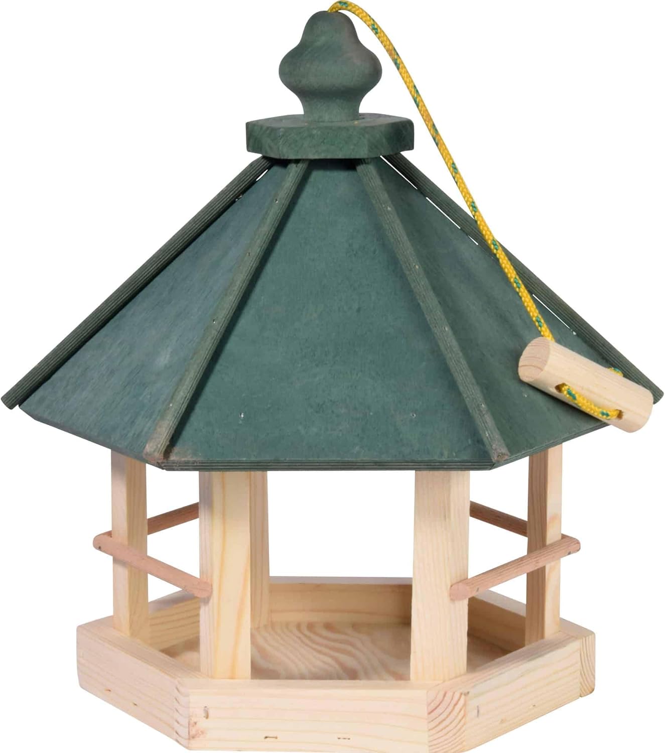 dobar Vogelfutterhaus 6-eck hängend - Offenes Vogelhaus Massivholz - Wildvogelfutterstation zum Aufhängen - Futterhaus für die Ganzjahresfütterung - 29 x 32 x 36 cm - Grün