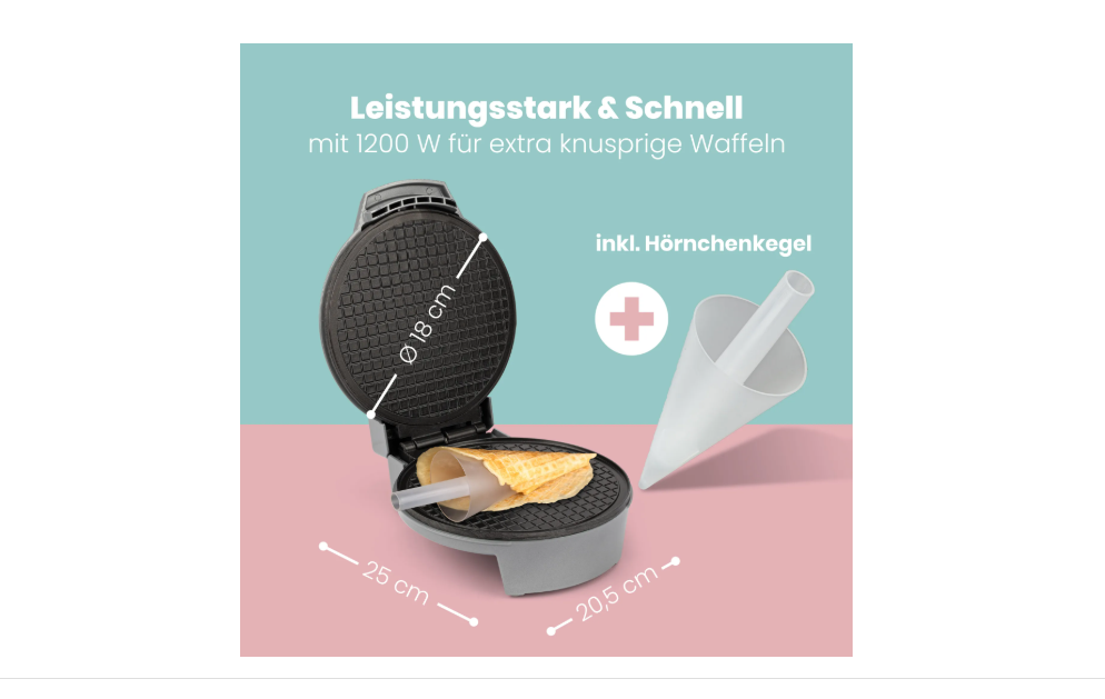 Clatronic Hörnchenautomat 1200 W für Eiswaffeln Ø 18 cm Antihaftbeschichtung
