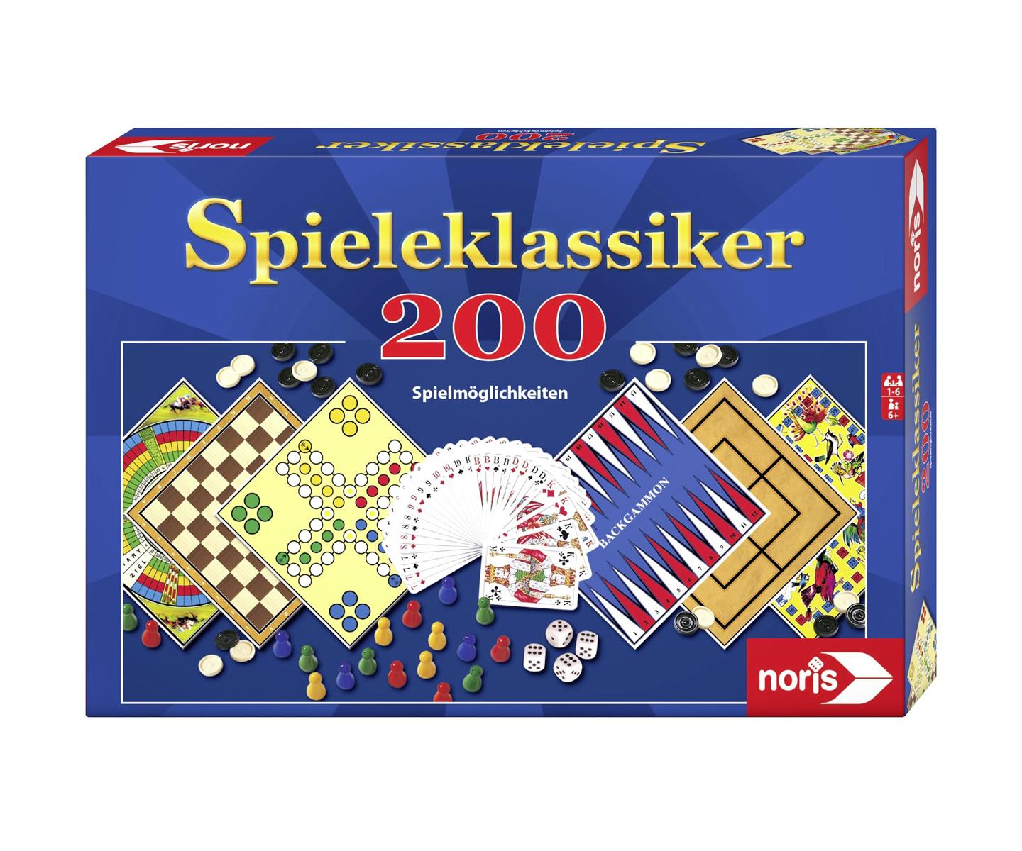 Noris 606111687 Spieleklassiker mit 200 Spielmöglichkeiten wie Skat, Mühle, Dame, Backgammon oder Nur keine Aufregung, für 1 bis 6 Spieler ab 6 Jahren