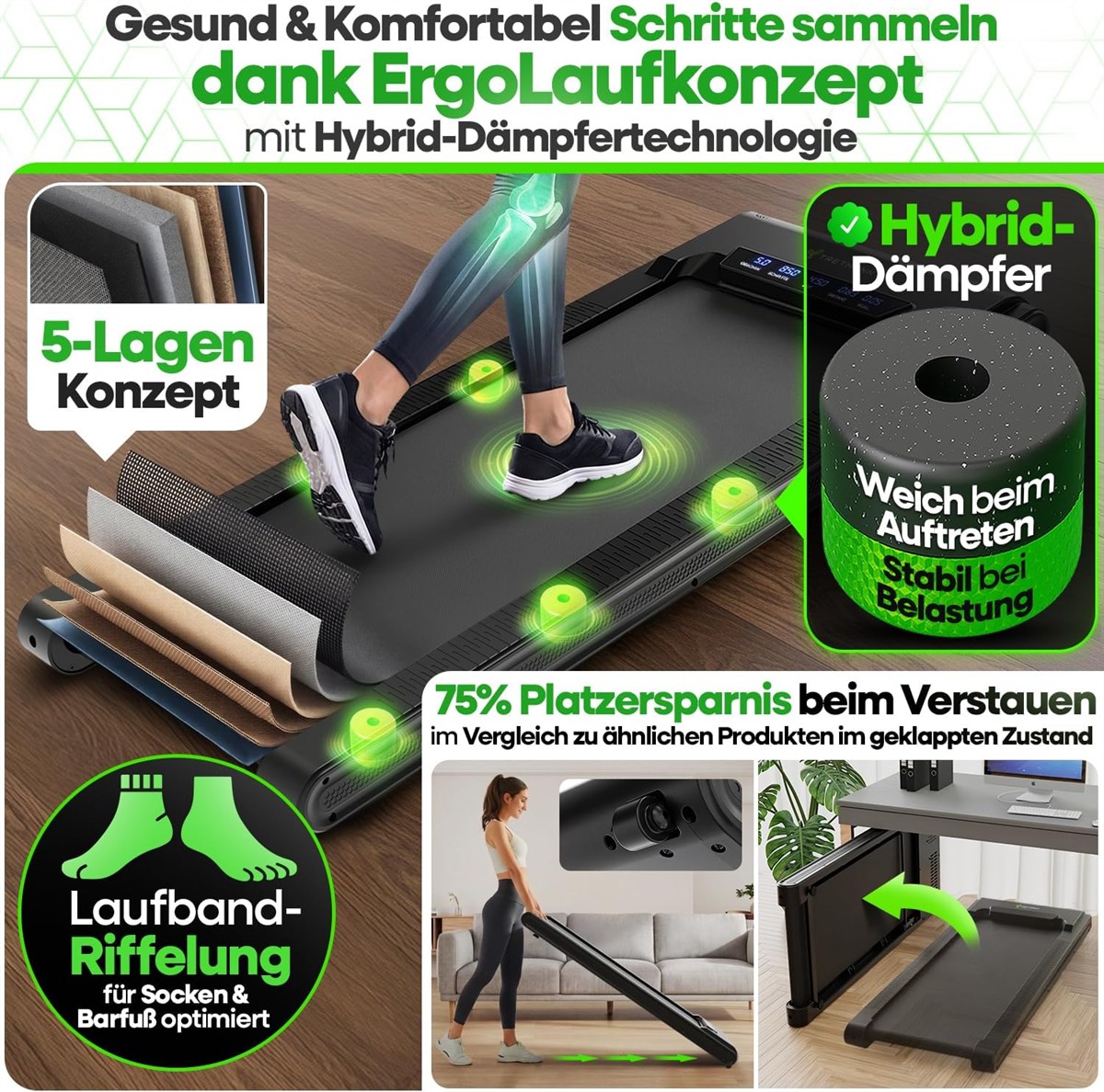 Treadmill, Aufbau, Laufband, Rippenstruktur, Hybrid-Dämpfer