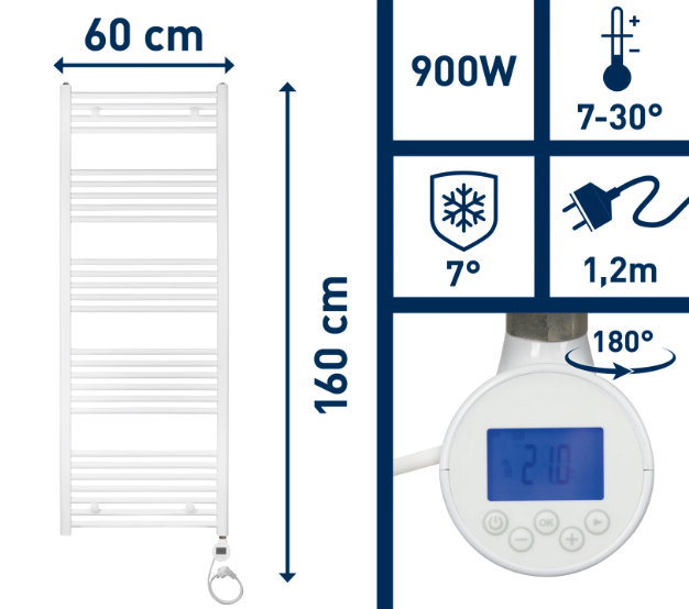 Elektrischer Badheizkörper Winterberg XXL 900 W 160 cm x 60 cm Weiß