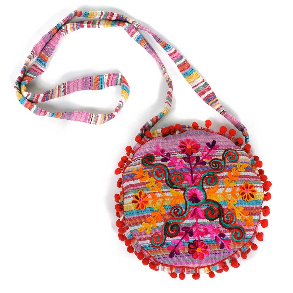 Tasche, Umhängetasche, Stroh/Gewebt, Pomponen, Blumenmuster