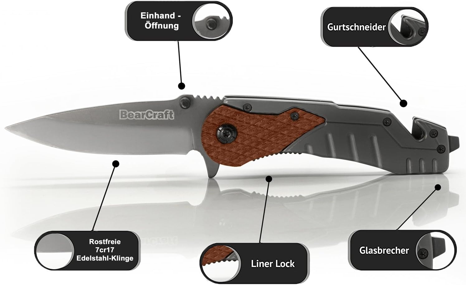 BearCraft Klappmesser Scharfes Outdoor Survival Taschenmesser Einhand-Messer mit Titanklinge Wandern Camping silber