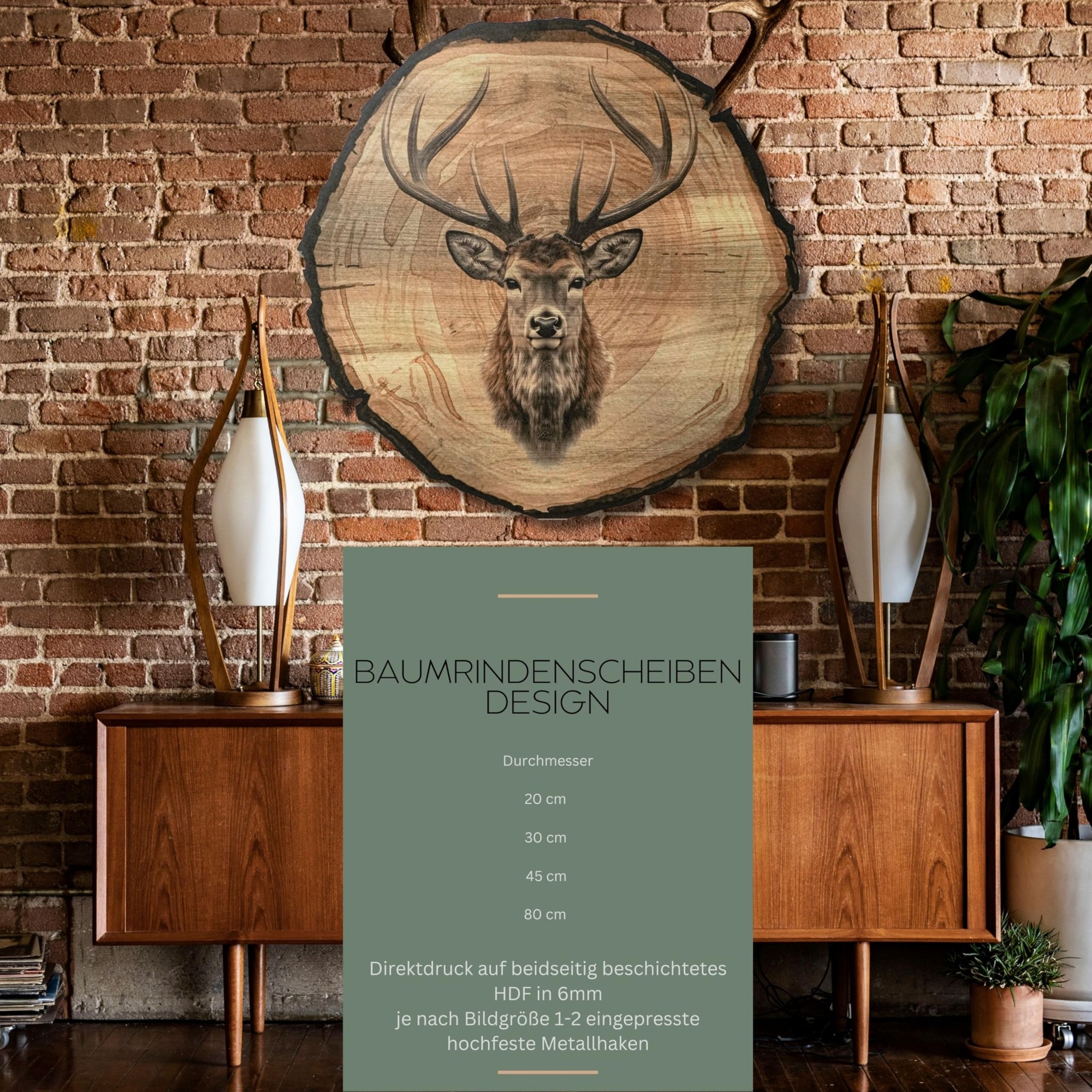 Wanddekoration, Baumrindenscheibe, Hirschmotiv, Holzoptik, Rund