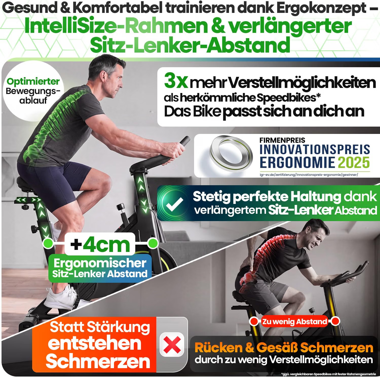 Fahrradergometer, Ergometer, Indoor-Bike, Sitz-Lenker-Abstand, Ergonomie