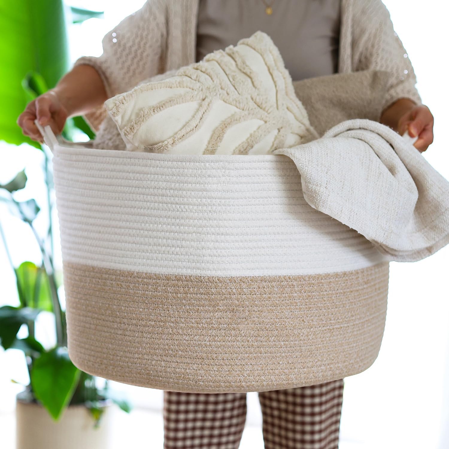 HMF XXL Wäschekorb aus Baumwolle runder Aufbewahrungskorb mit Griffen 55 x 35 cm Weiß-Braun