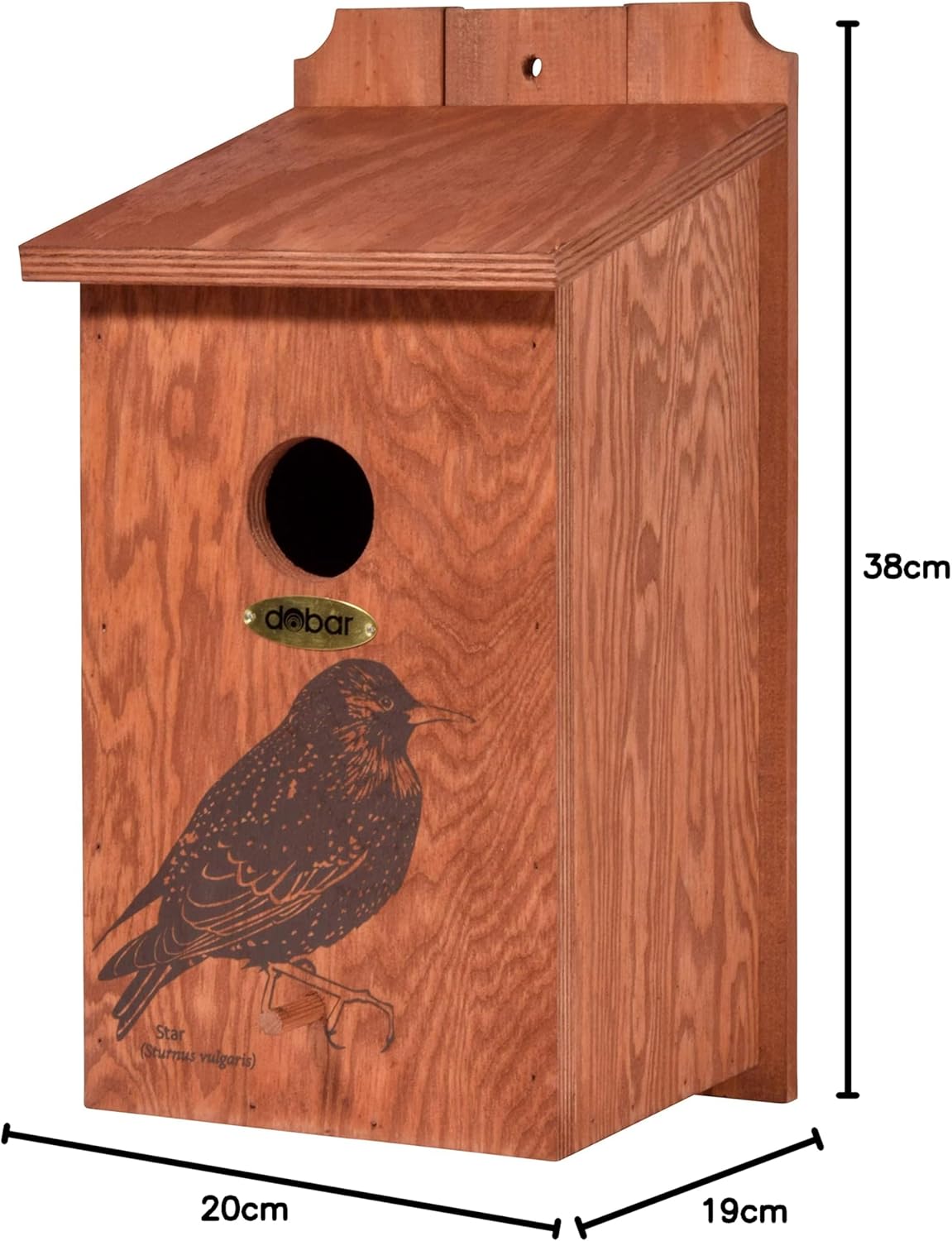 dobar green label Nistkasten "Star" - Starenkasten aus Holz - Nisthilfe für Wildvögel - Wetterbeständig - Nistplatz mit Siebdruckmotiv "Star" - Ø 45 mm - 19 x 20 x 38 cm - Braun