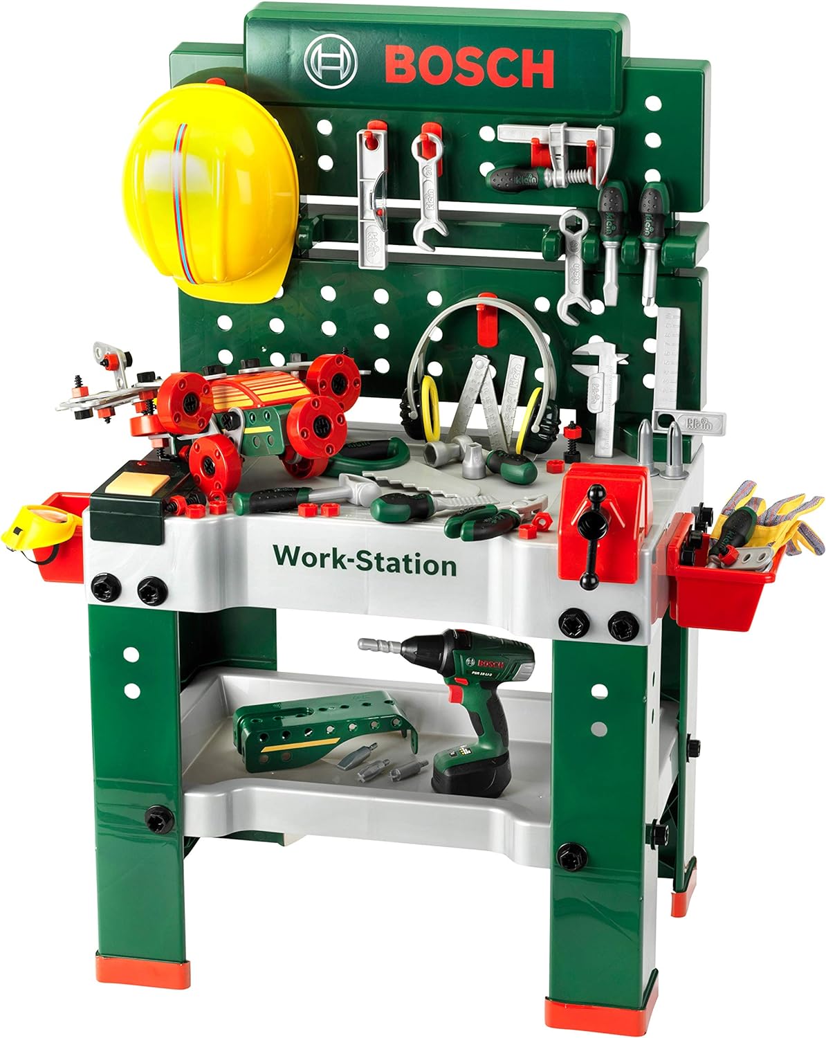 Theo Klein 8485 Bosch Work Station mit Licht und Sound Spielzeug Werkbank mit Werkzeug Akkuschrauber