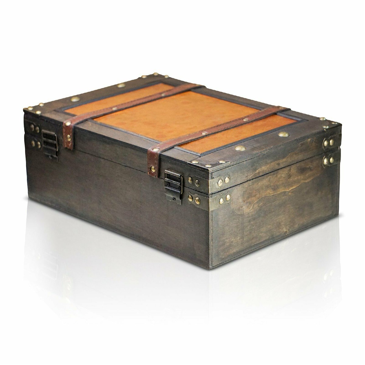 koffer, holz, brieftaschenbox, schwarz-braun, metallbeschläge