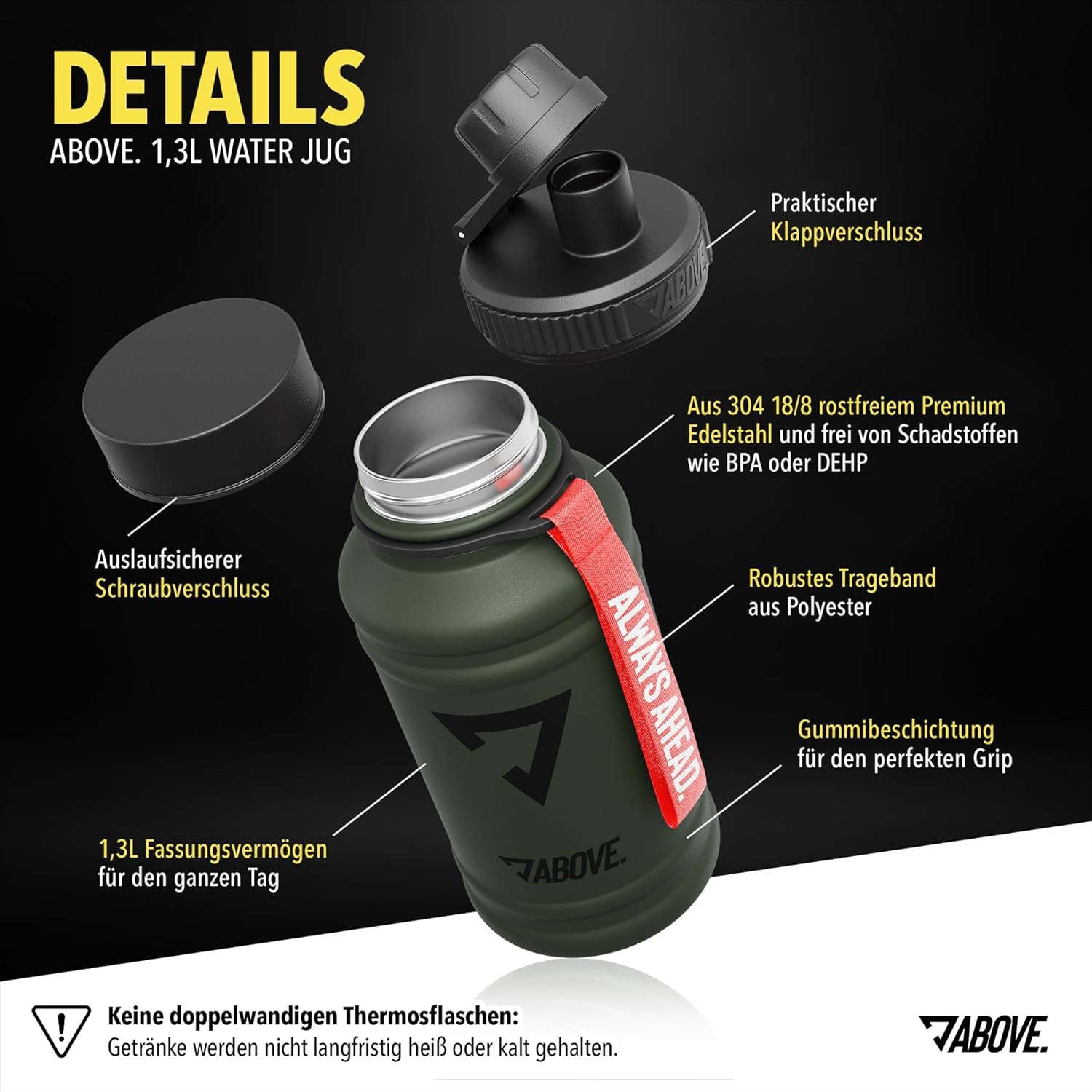 ABOVE Trinkflasche Edelstahl 1,3L oliv Fitness Sport Outdoor